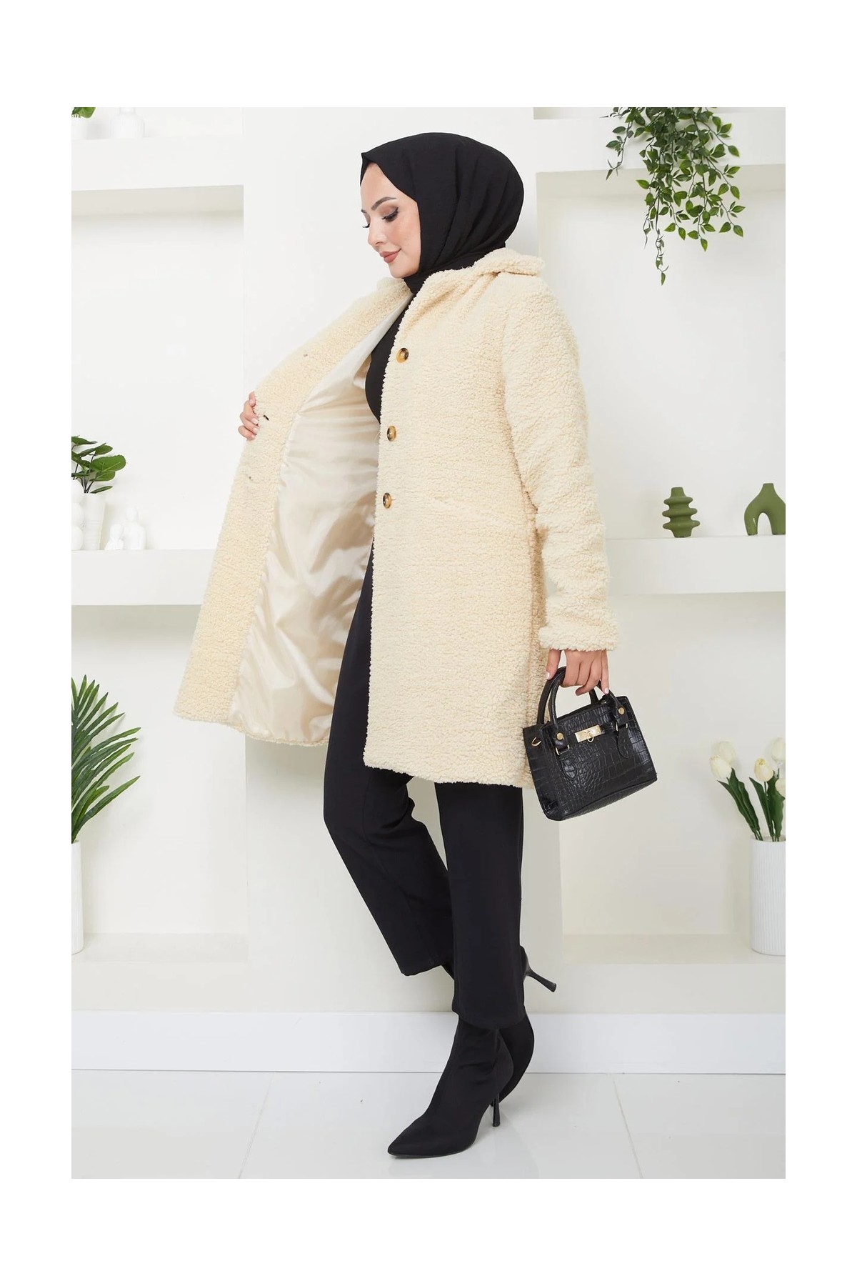 Hafsa Mina Kruvaze Yaka Peluş Mont Krem HM2507 görsel 6