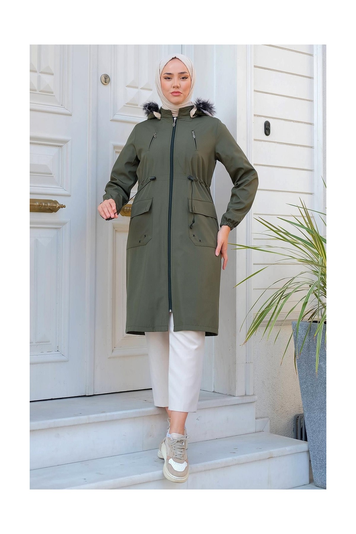 Hafsa Mina Süs Cepli İçi Peluş Mont Haki HM2295 görsel 6
