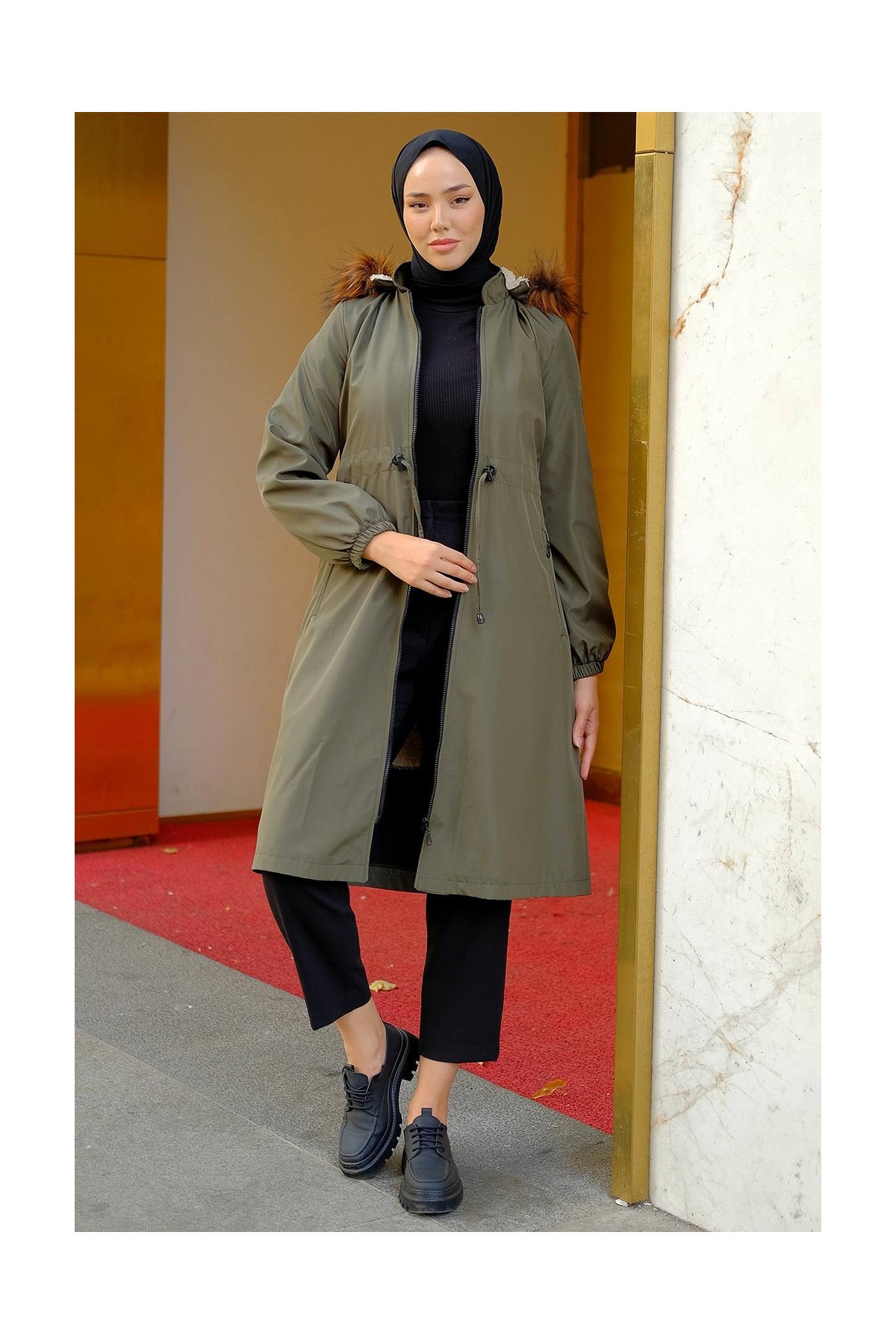 Hafsa Mina Fermuarlı Bağlamalı Mont Haki HM2284 görsel 6