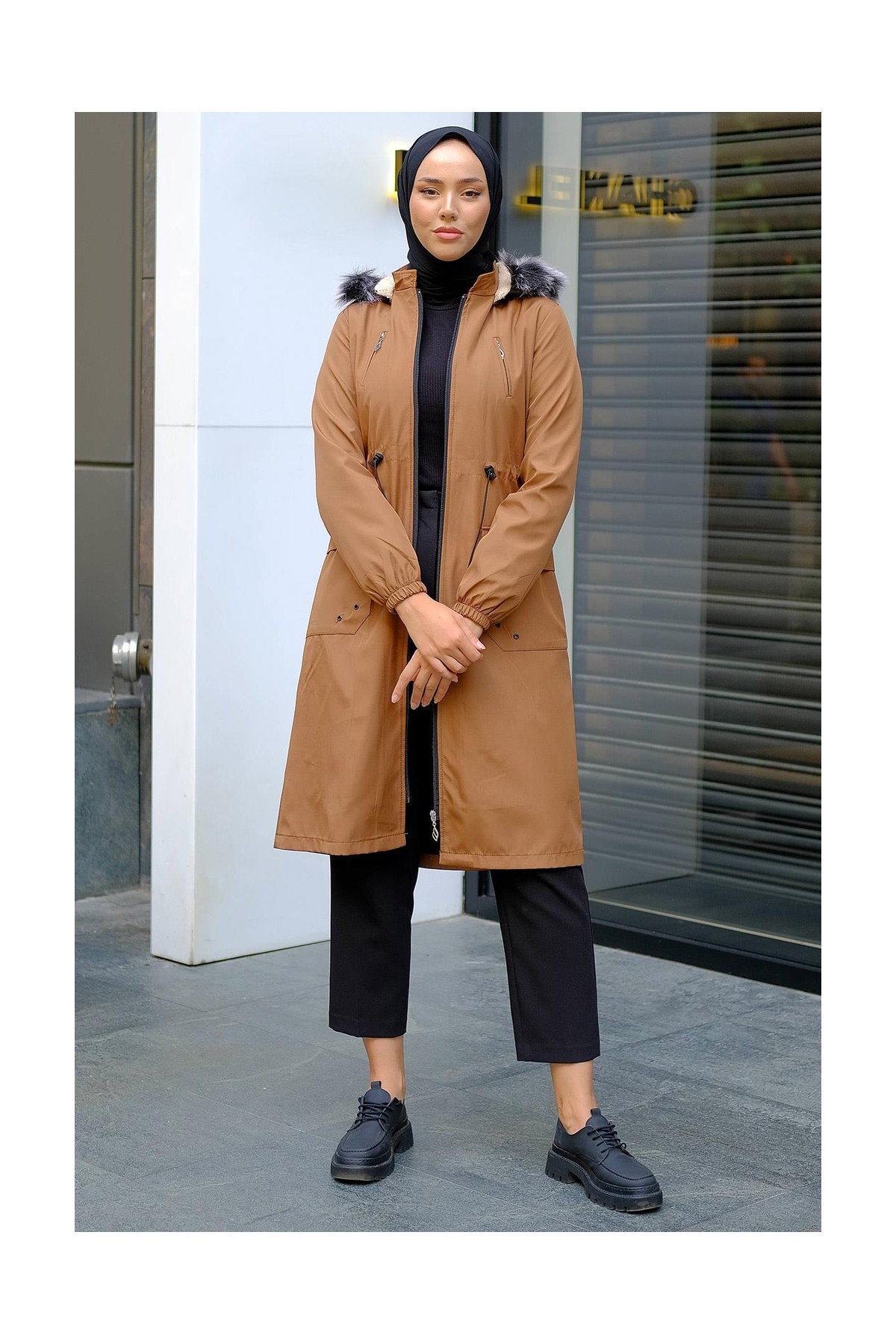 Hafsa Mina Süs Cepli İçi Peluş Mont Taba HM2295 görsel 6