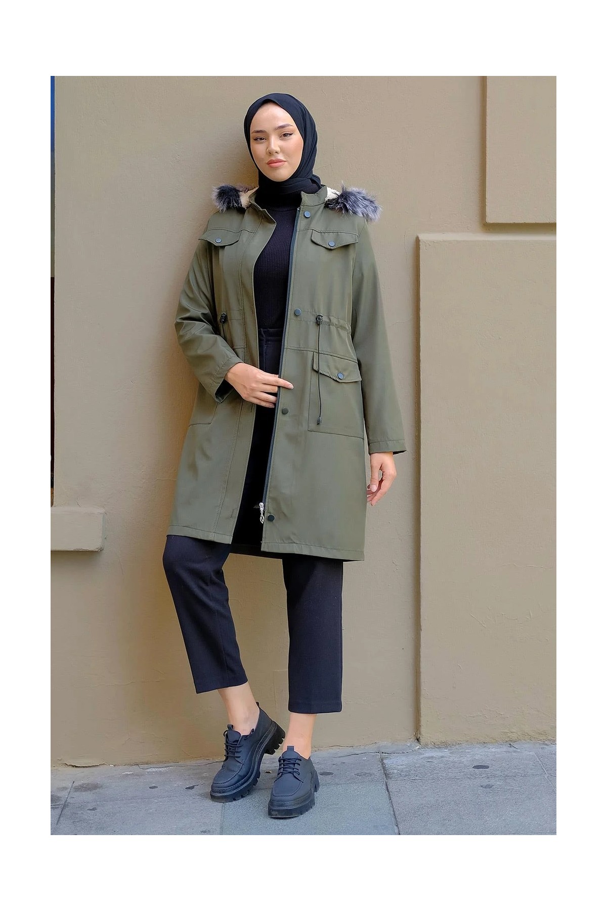 Hafsa Mina Cep Detaylı Mont Haki HM2287 görsel 6