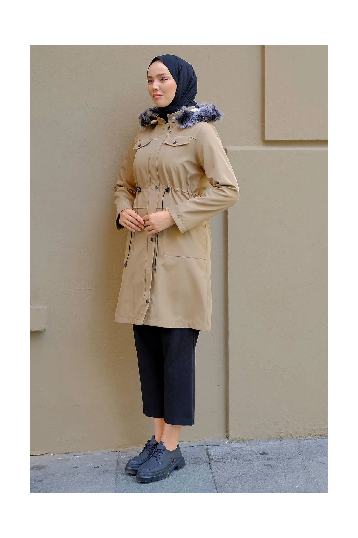 Hafsa Mina Cep Detaylı Mont Bej HM2287 görsel 6