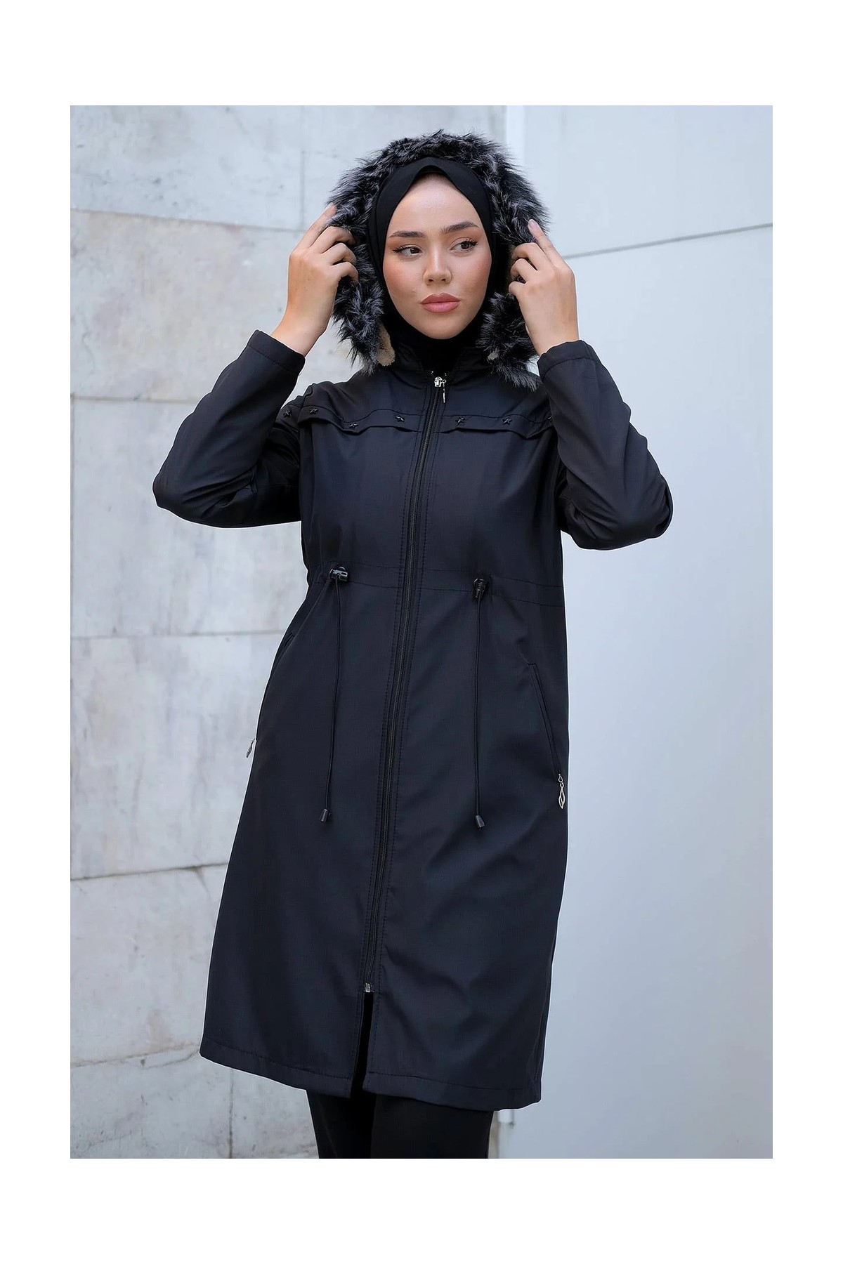 Hafsa Mina Yıldızlı Içi Kürklü Mont Siyah HM2288 görsel 6