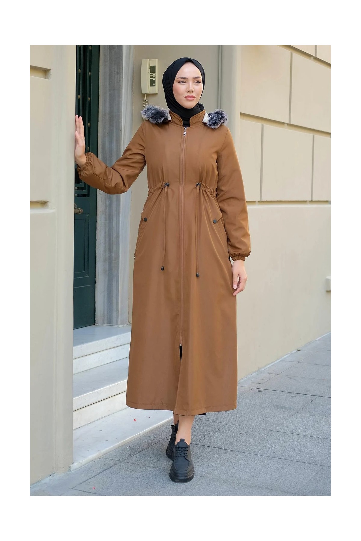 Hafsa Mina Tam Boy Büyük Beden Mont Taba HM2286 görsel 6