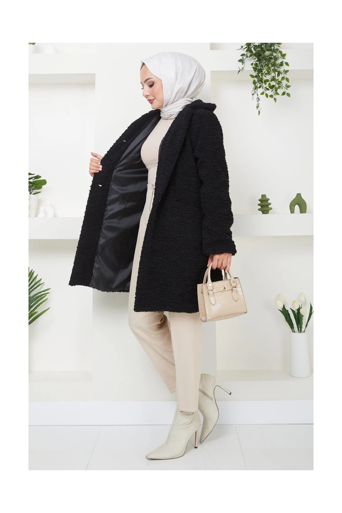 Hafsa Mina Kruvaze Yaka Peluş Mont Siyah HM2507 görsel 7