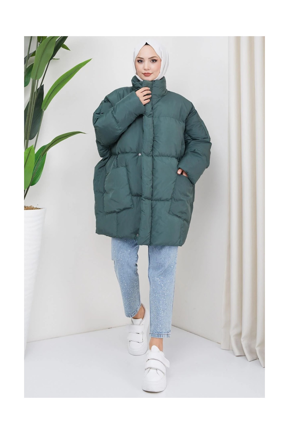 Hafsa Mina Oversize Torba Cep Şişme Mont Yeşil HM2317 görsel 6