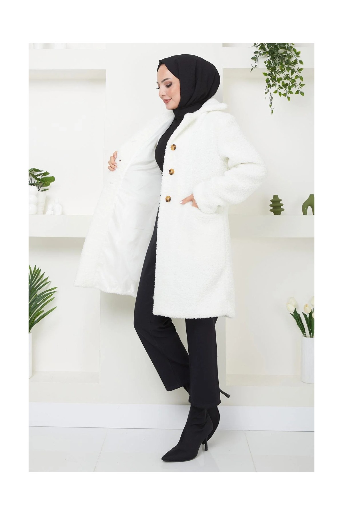 Hafsa Mina Kruvaze Yaka Peluş Mont Beyaz HM2507 görsel 7