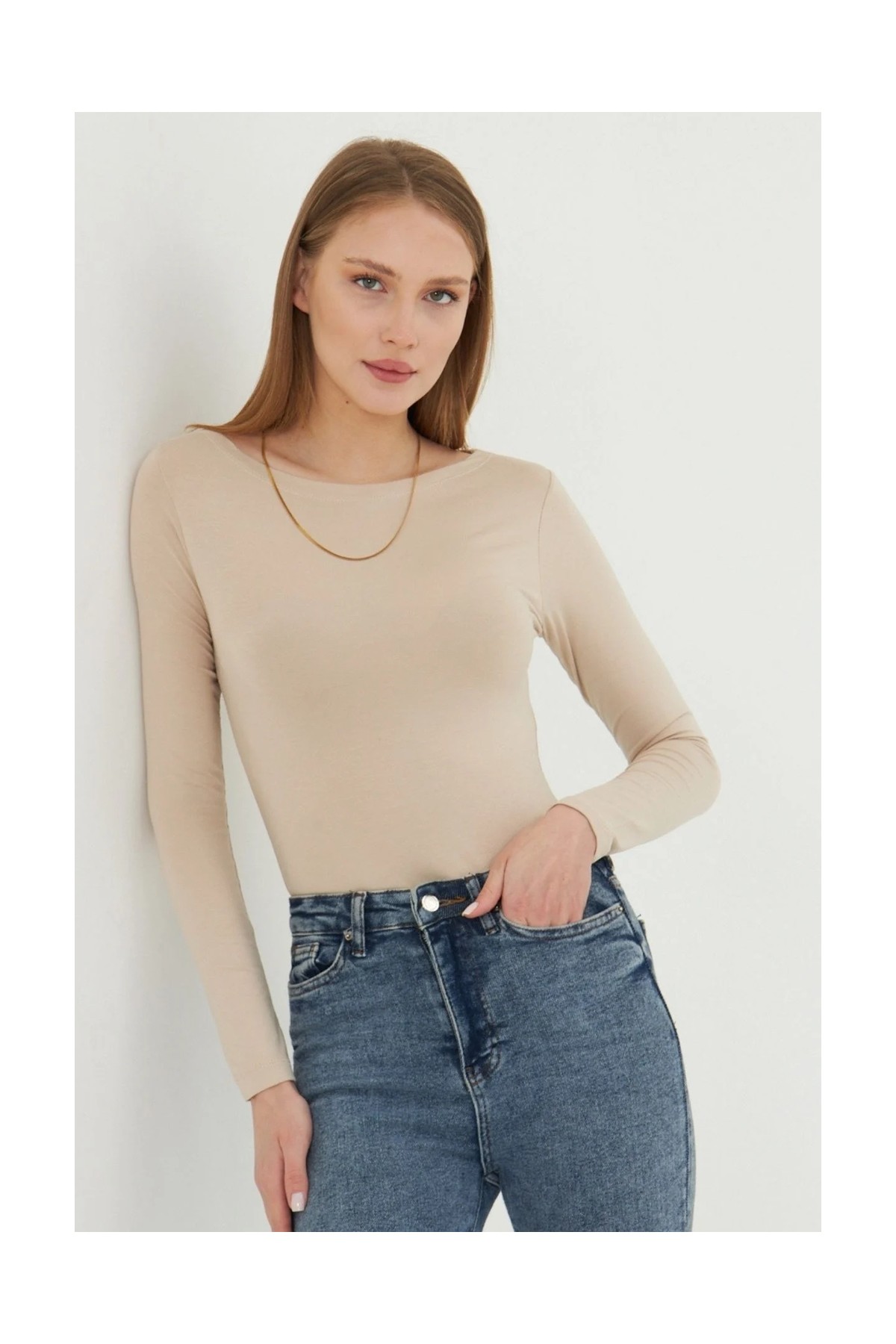 Irmak Kerekli Kadın Kayık Yaka Basic Uzun Kollu Body Likralı Bluz Viskon Body 160 Siyah görsel 8