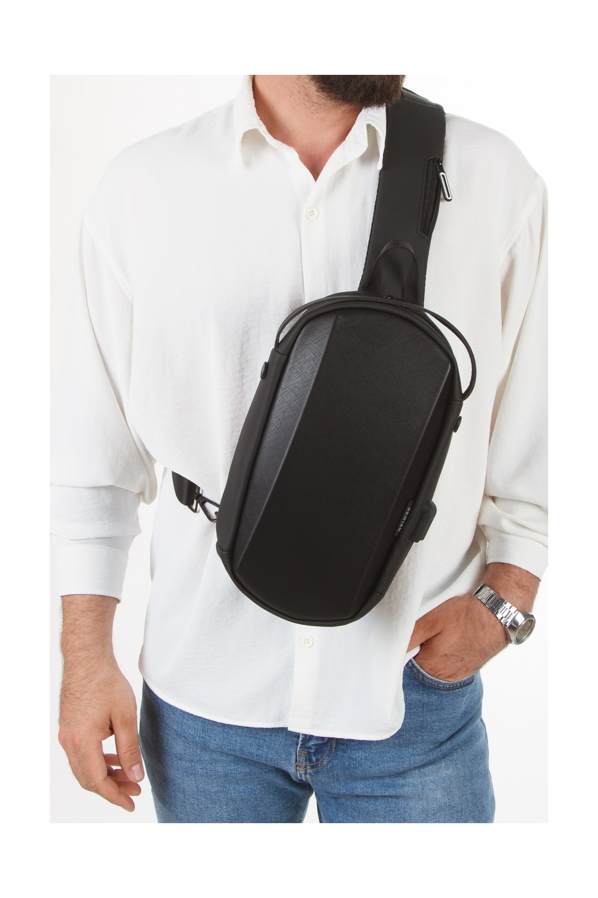 Newish Polo Erkek Siyah USB Çıkışlı Çapraz Askılı Omuz ve Bel Çantası NEWPOLO246 görsel 6