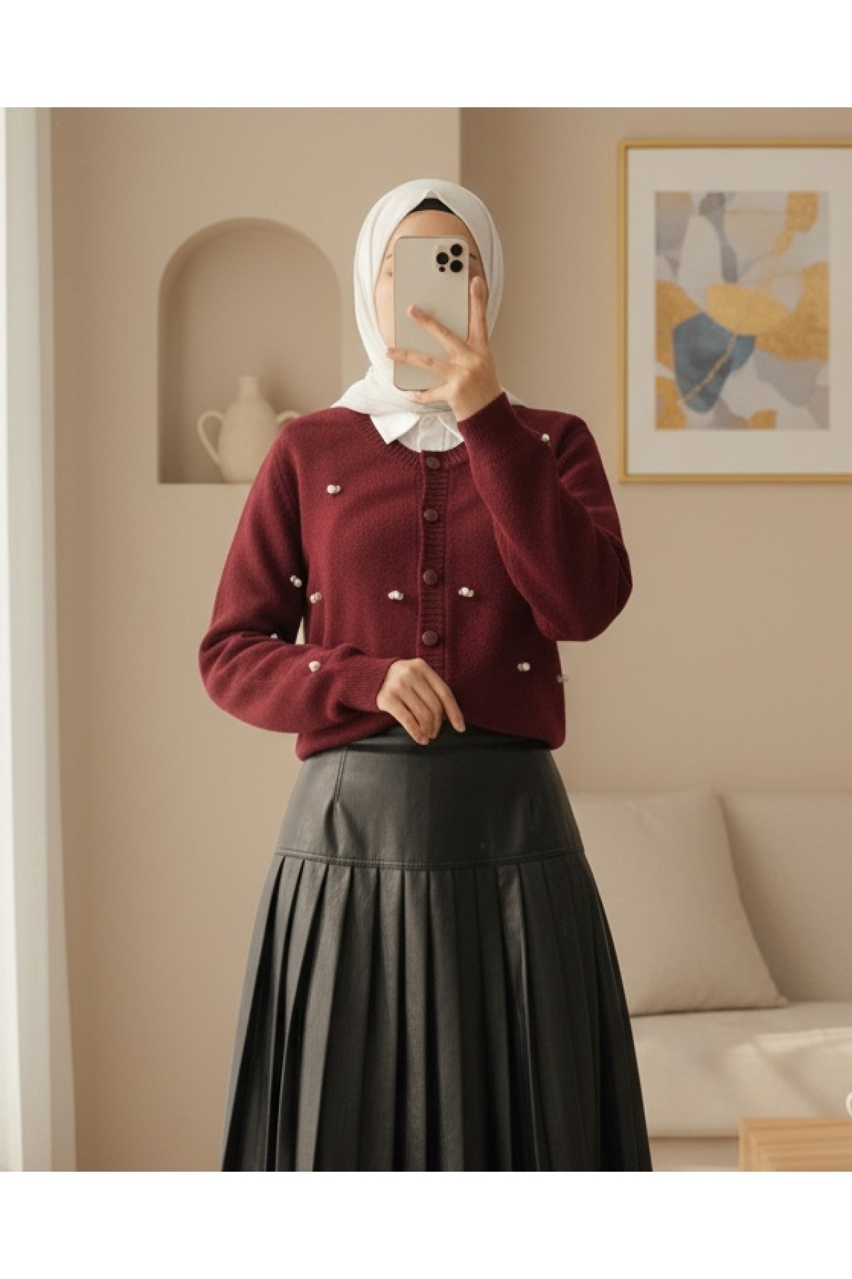 Moda Morfo Düğmeli Çiçek Detaylı Yumoş Hırka -Bordo