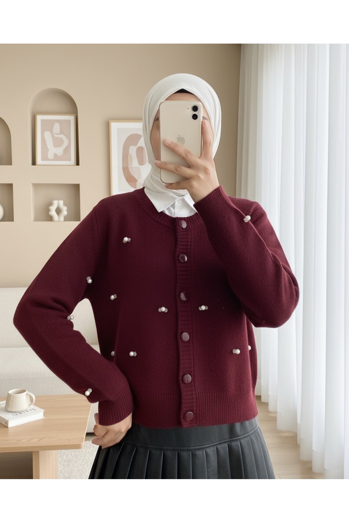 Moda Morfo Düğmeli Çiçek Detaylı Yumoş Hırka -Bordo görsel 2