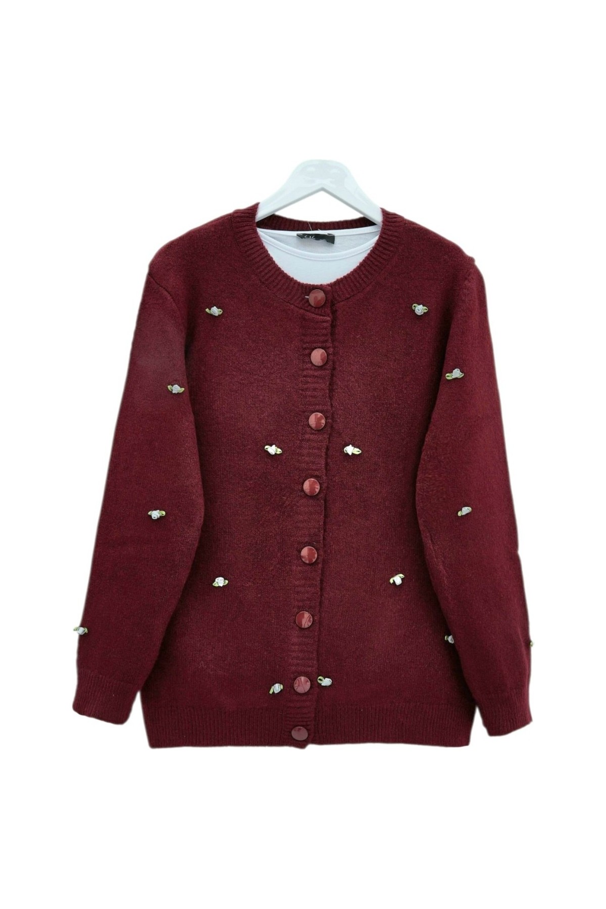 Moda Morfo Düğmeli Çiçek Detaylı Yumoş Hırka -Bordo görsel 3