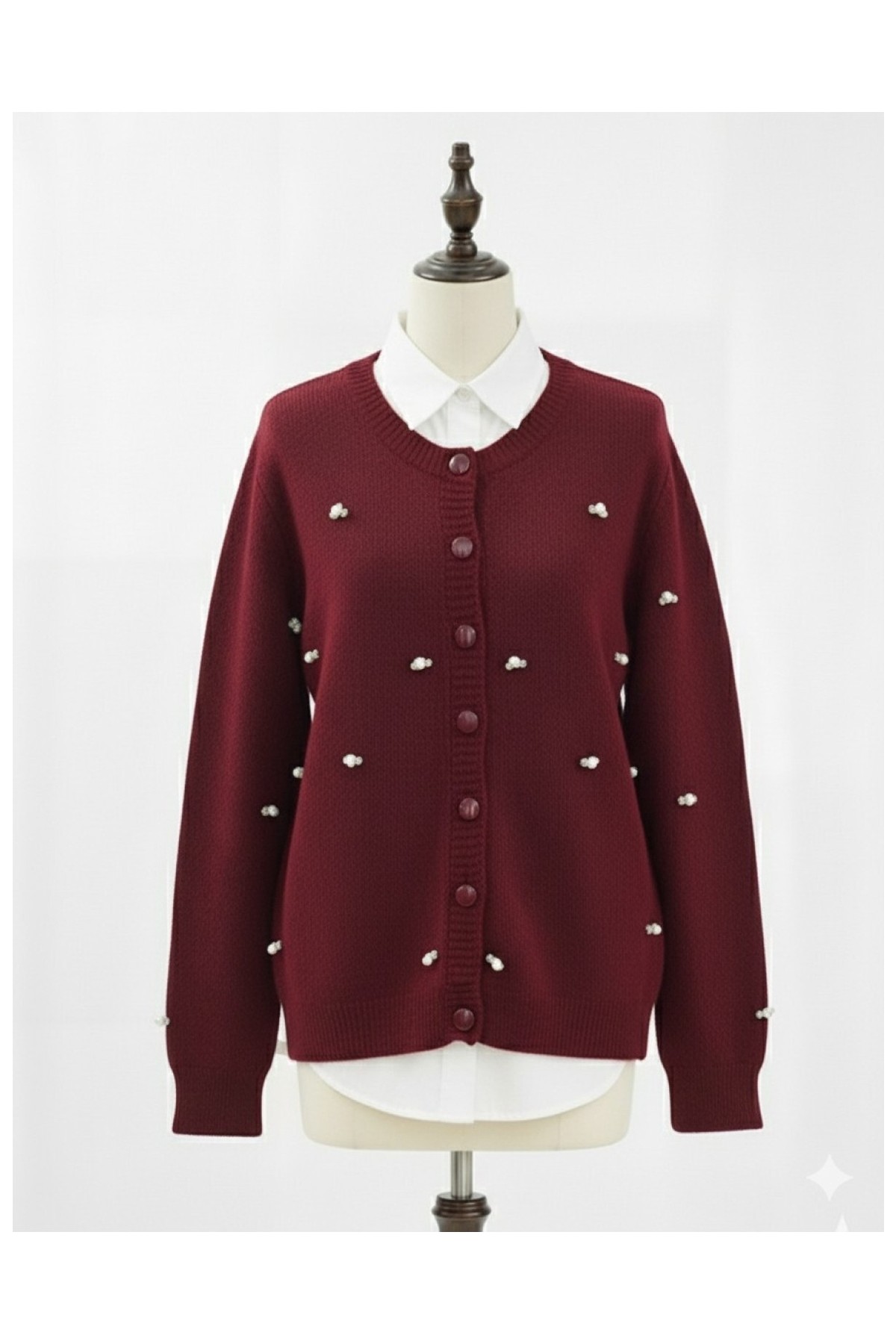 Moda Morfo Düğmeli Çiçek Detaylı Yumoş Hırka -Bordo görsel 6