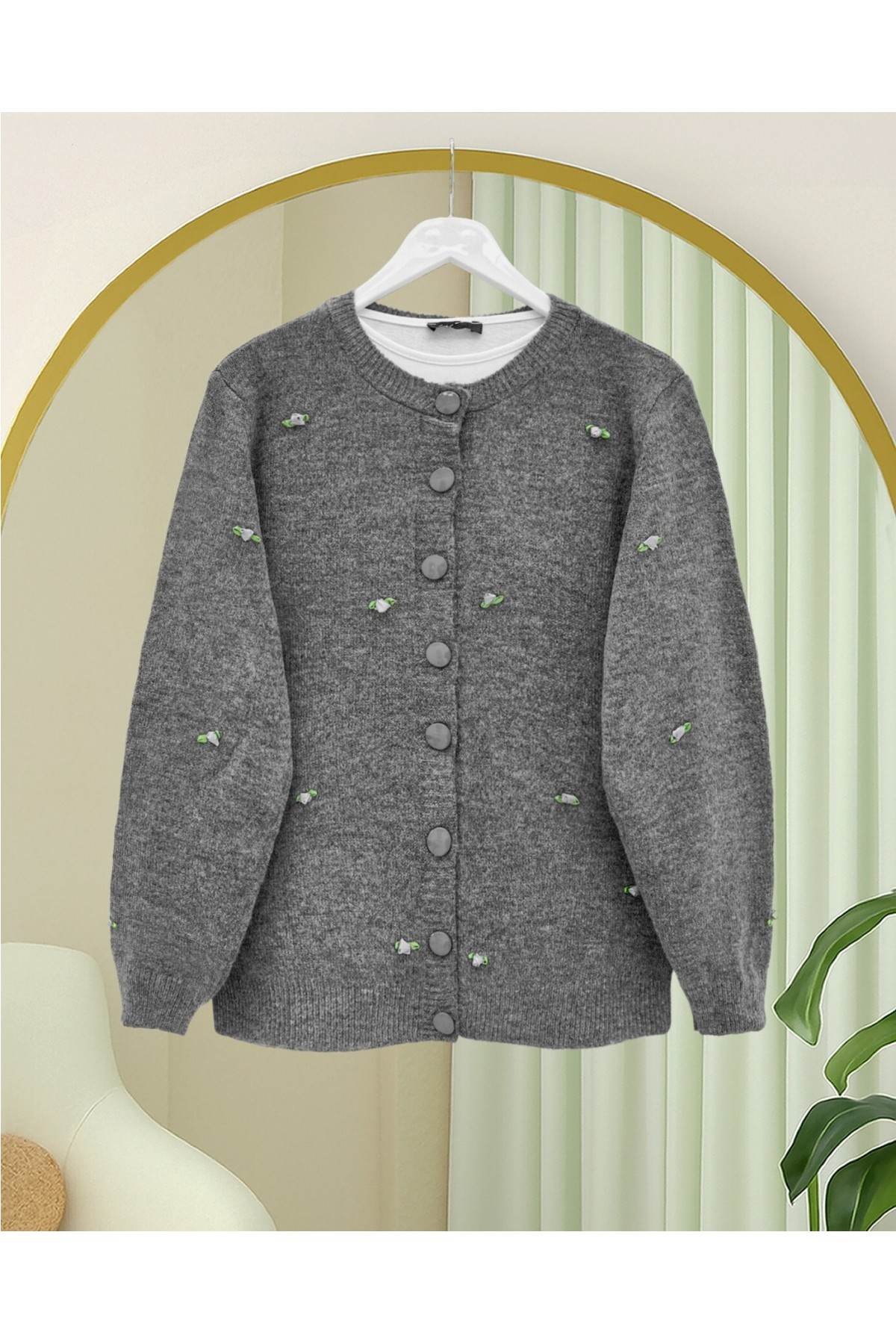 Moda Morfo Düğmeli Çiçek Detaylı Yumoş Hırka -Bordo