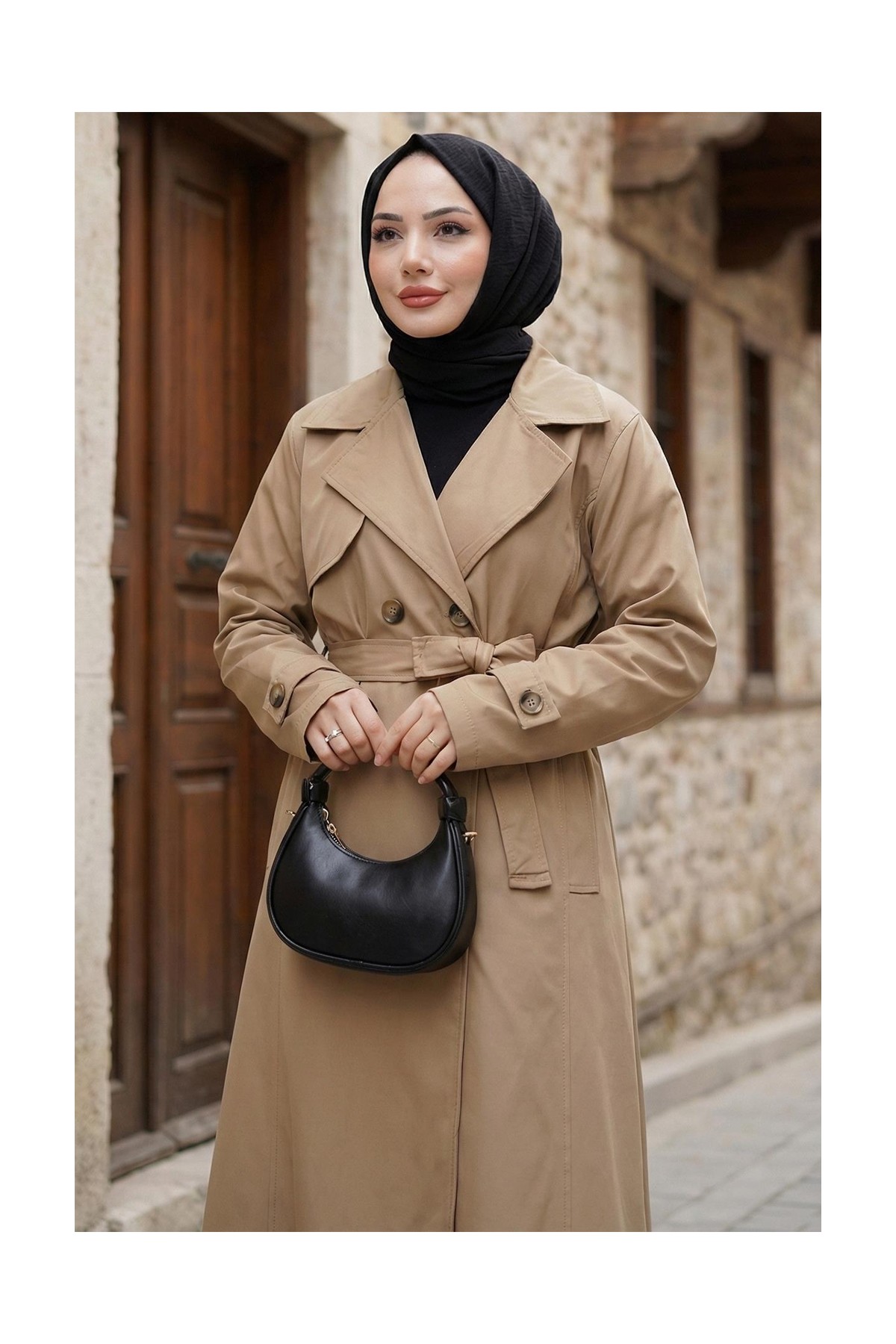 Kuşaklı Düğmeli Tamboy Trençkot Vizon HM2891 görsel 5
