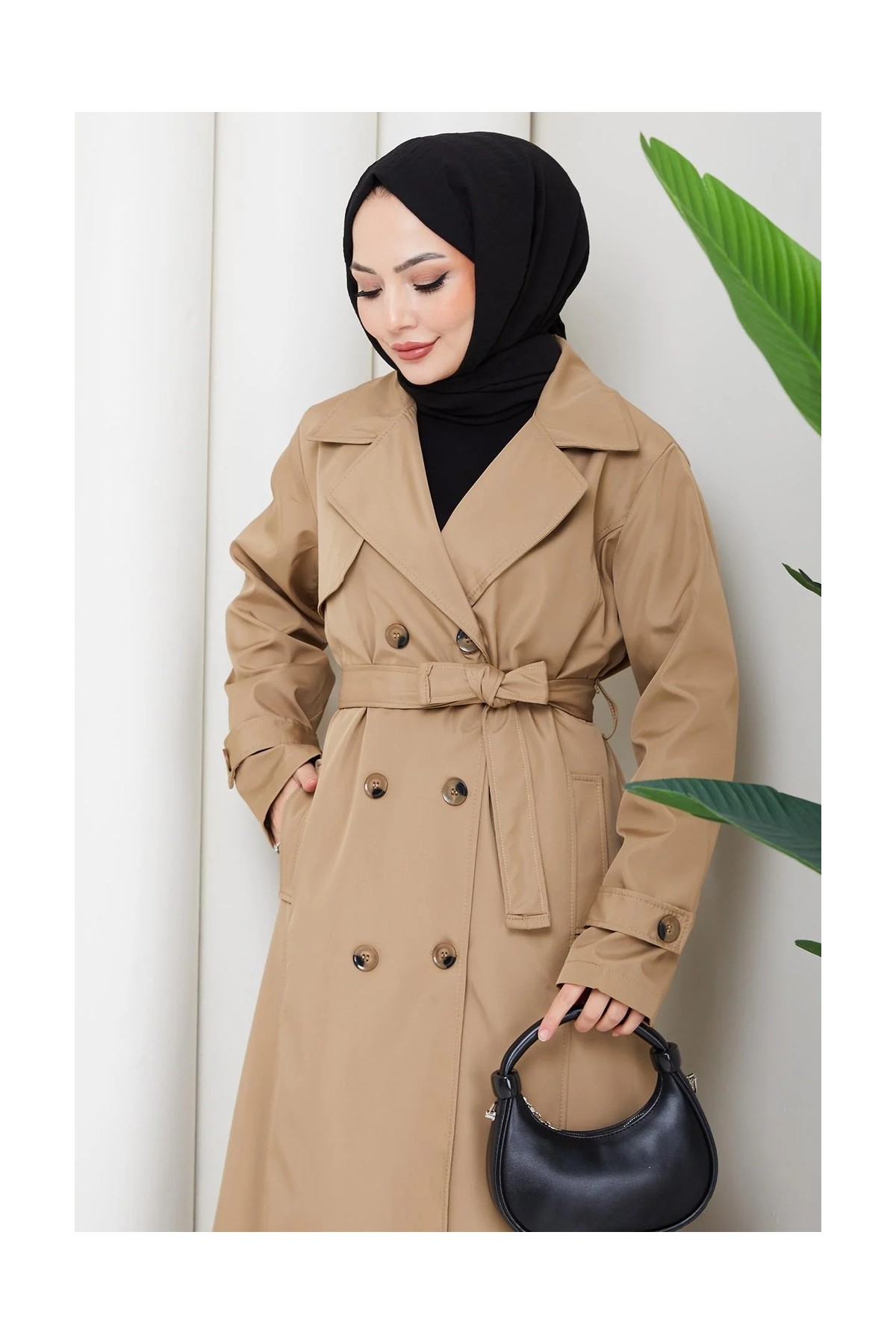 Kuşaklı Düğmeli Tamboy Trençkot Vizon HM2891 görsel 8