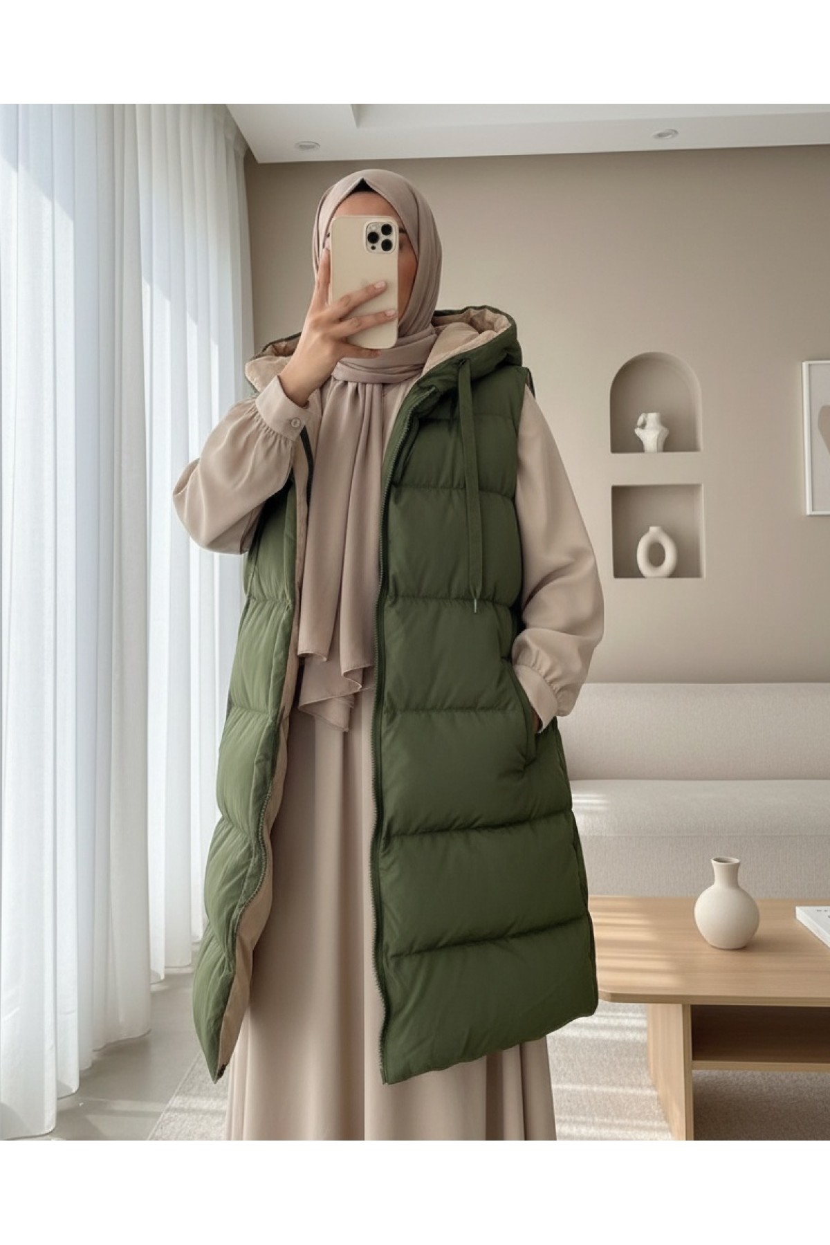 Moda Morfo Kapşonlu Çift Taraflı Şişme Yelek -Haki