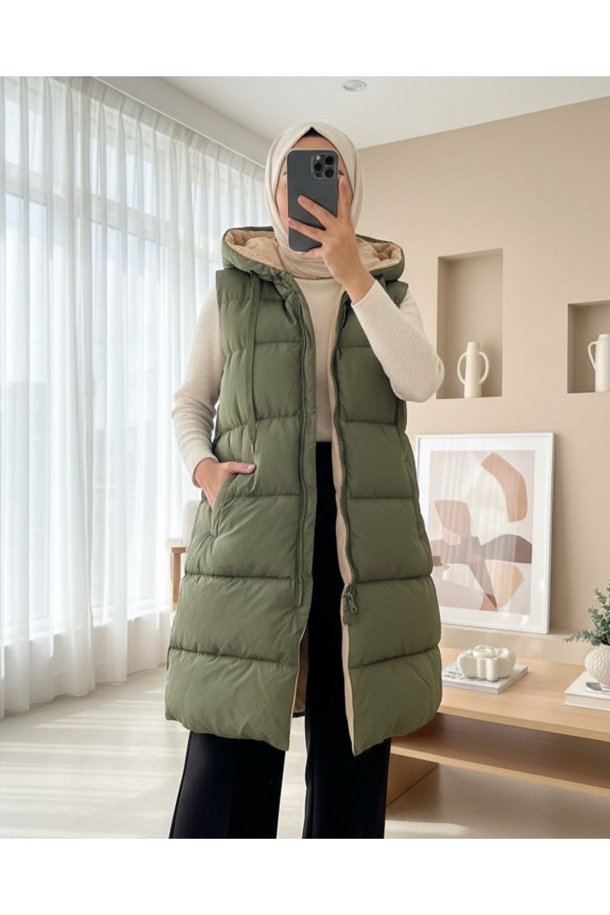Moda Morfo Kapşonlu Çift Taraflı Şişme Yelek -Haki görsel 2