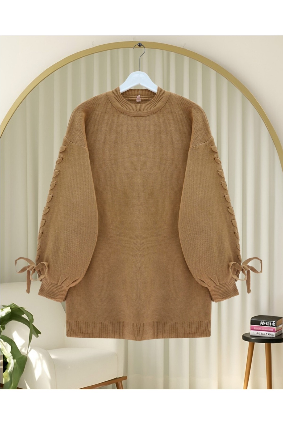 Moda Morfo Yuvarlak Yaka Kolu Örgü Detaylı Triko Kazak -İndigo