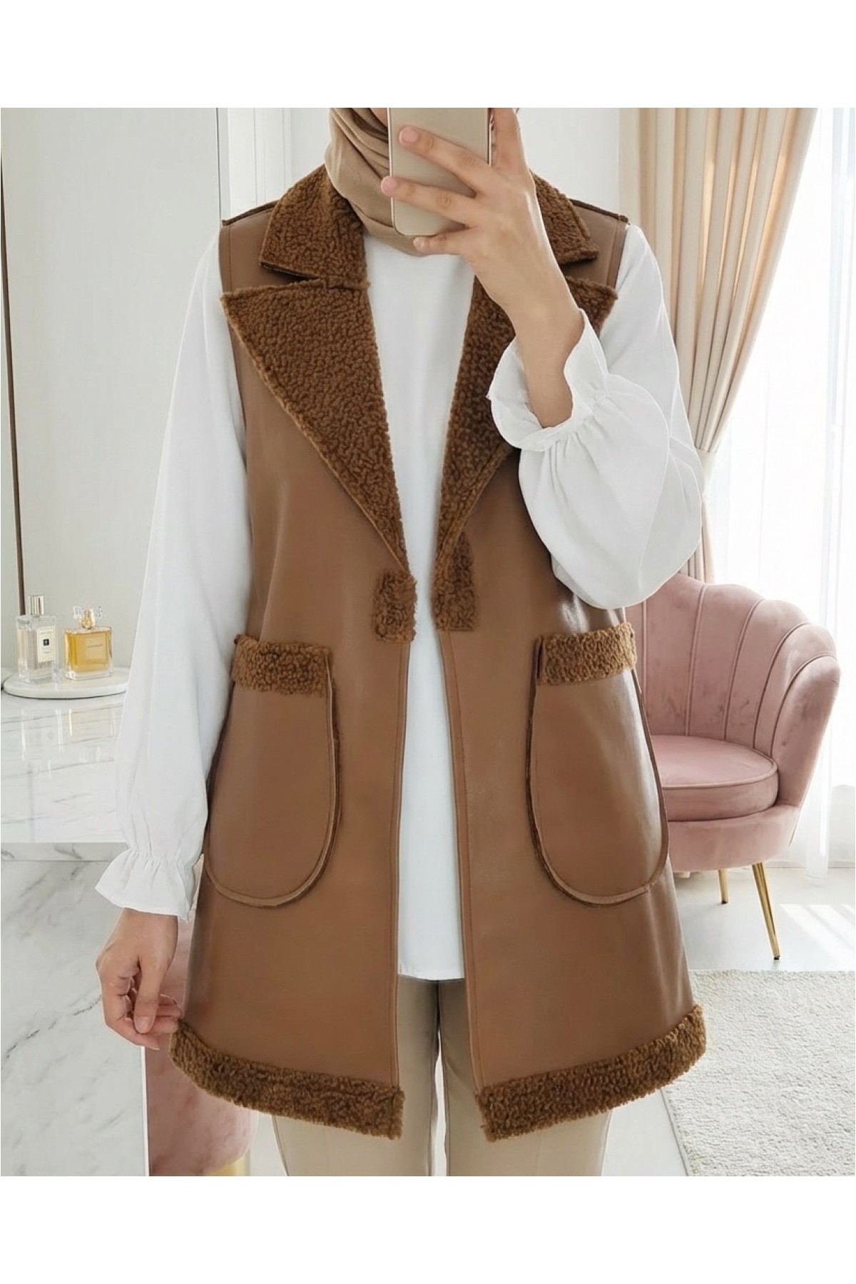 Moda Morfo İçi Kuzu Peluş Çift Cepli Yelek -Ekru