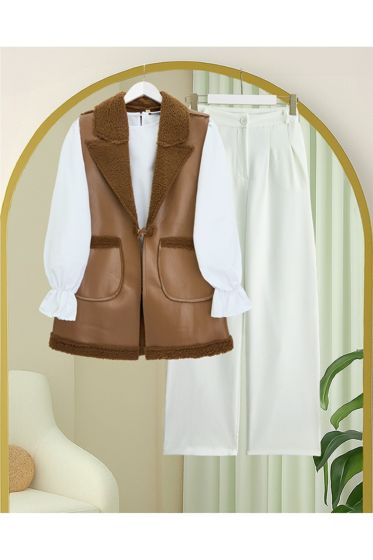 Moda Morfo İçi Kuzu Peluş Çift Cepli Yelek -Ekru görsel 6