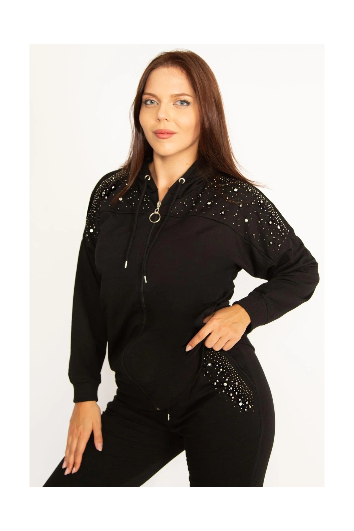 Şans Kadın Büyük Beden Siyah Taş Detaylı Ön Fermuar Ve Kapşonlu Sweatshirt Pantolon İkili Takım 65N38387 görsel 2