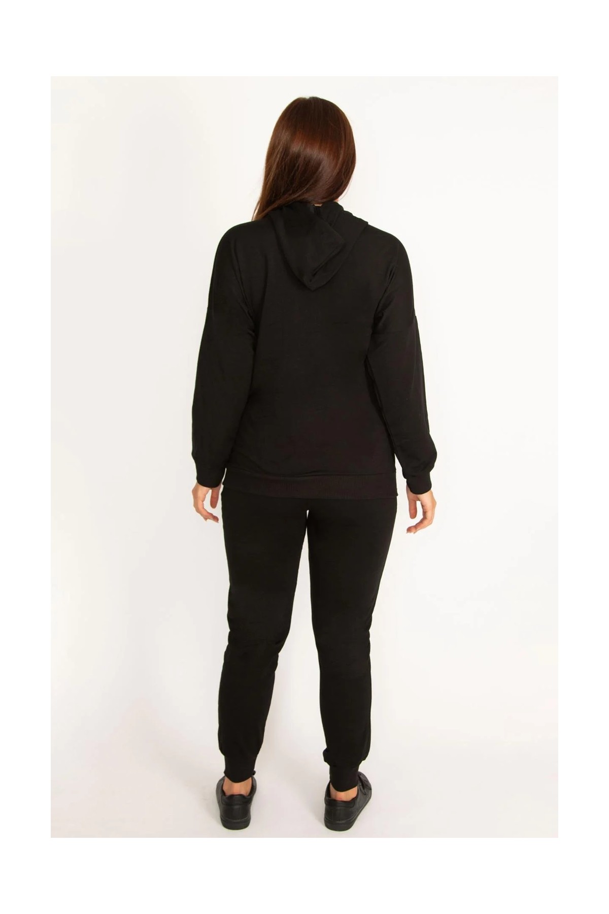 Şans Kadın Büyük Beden Siyah Taş Detaylı Ön Fermuar Ve Kapşonlu Sweatshirt Pantolon İkili Takım 65N38387 görsel 3