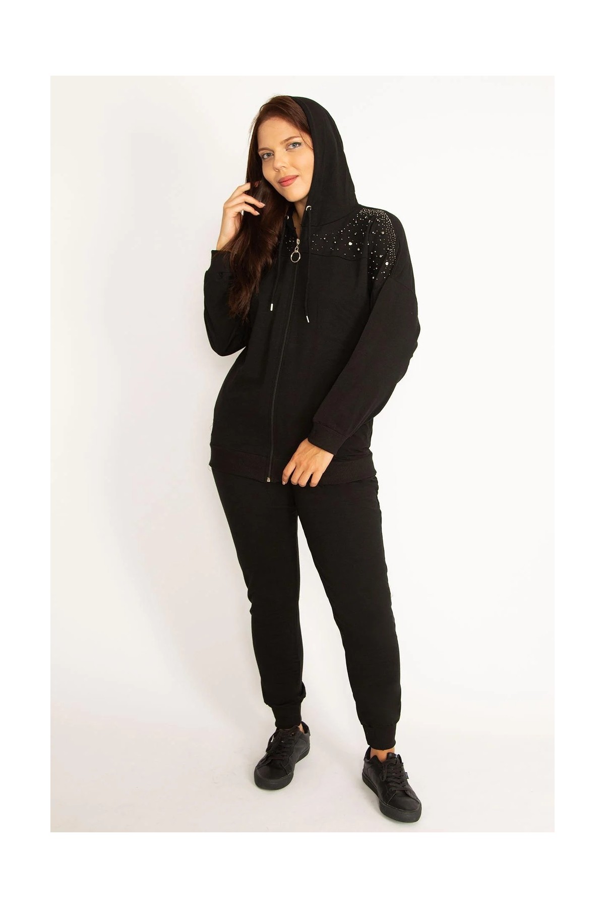 Şans Kadın Büyük Beden Siyah Taş Detaylı Ön Fermuar Ve Kapşonlu Sweatshirt Pantolon İkili Takım 65N38387 görsel 6