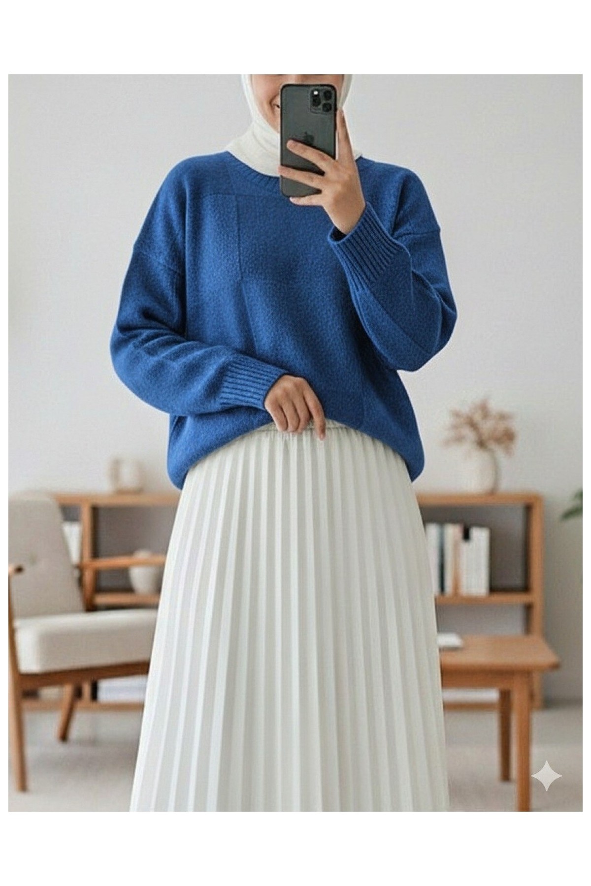 Moda Morfo Kare Desenli Yuvarlak Yaka Yumoş Kazak -Füme