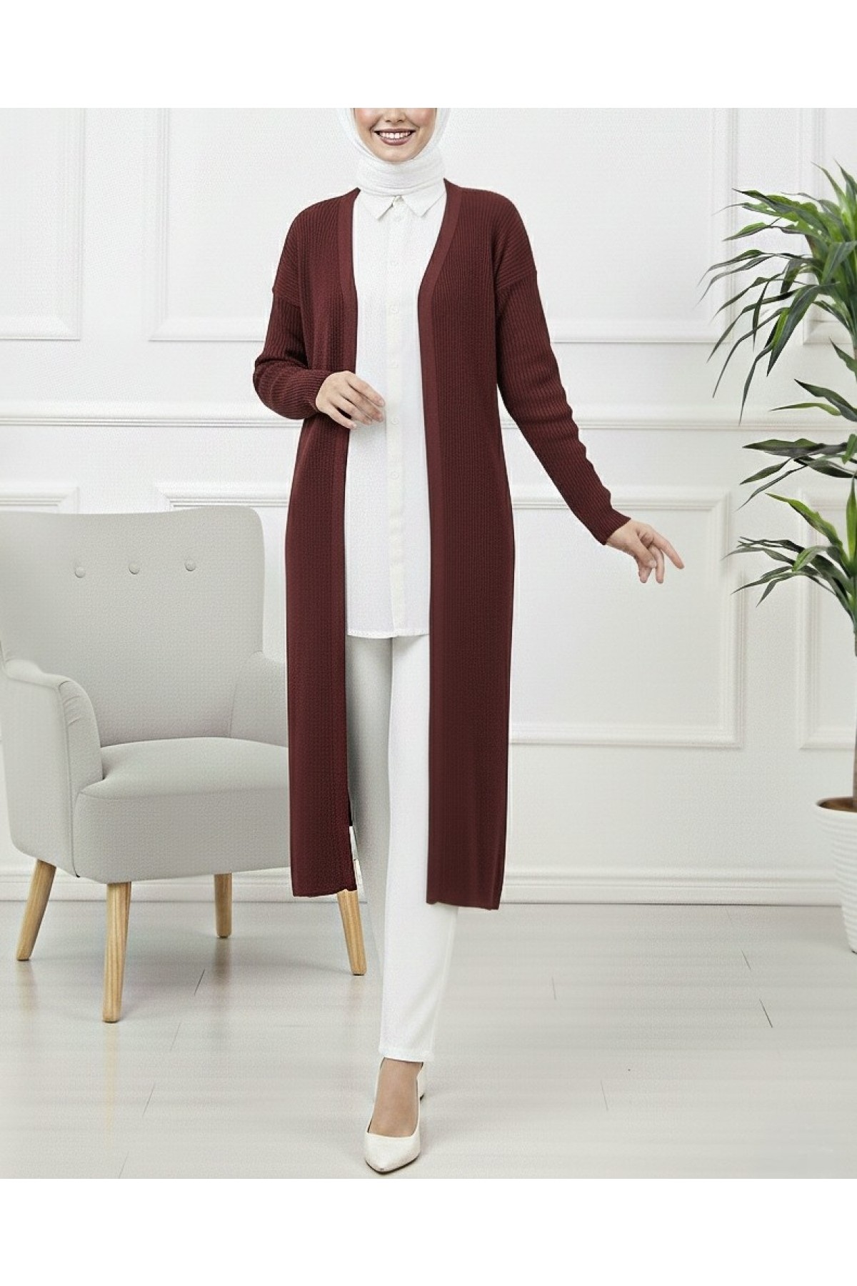 Moda Morfo Yanları Yırtmaçlı Fitilli Uzun Triko Hırka -Siyah görsel 5