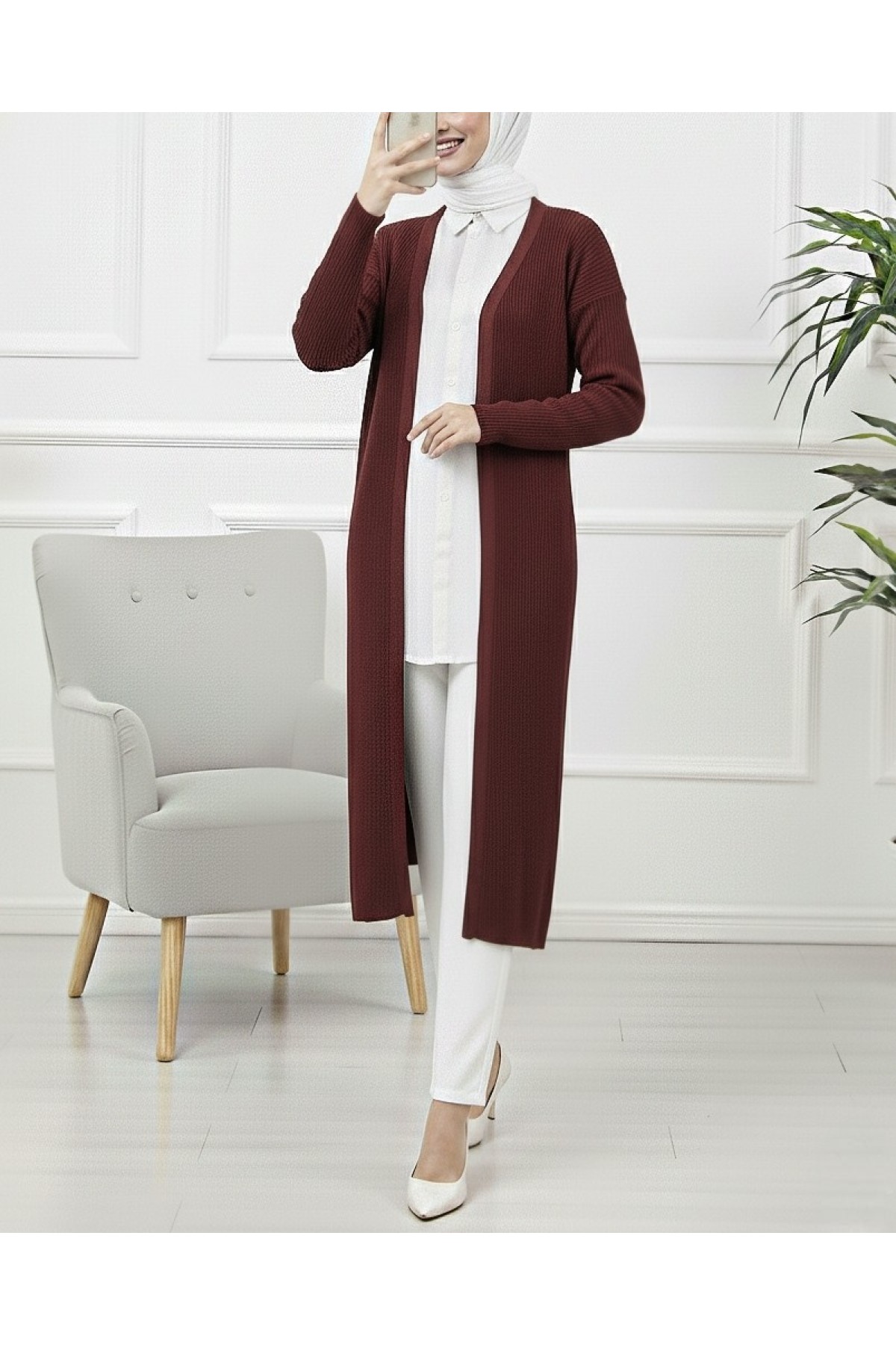 Moda Morfo Yanları Yırtmaçlı Fitilli Uzun Triko Hırka -Siyah görsel 6