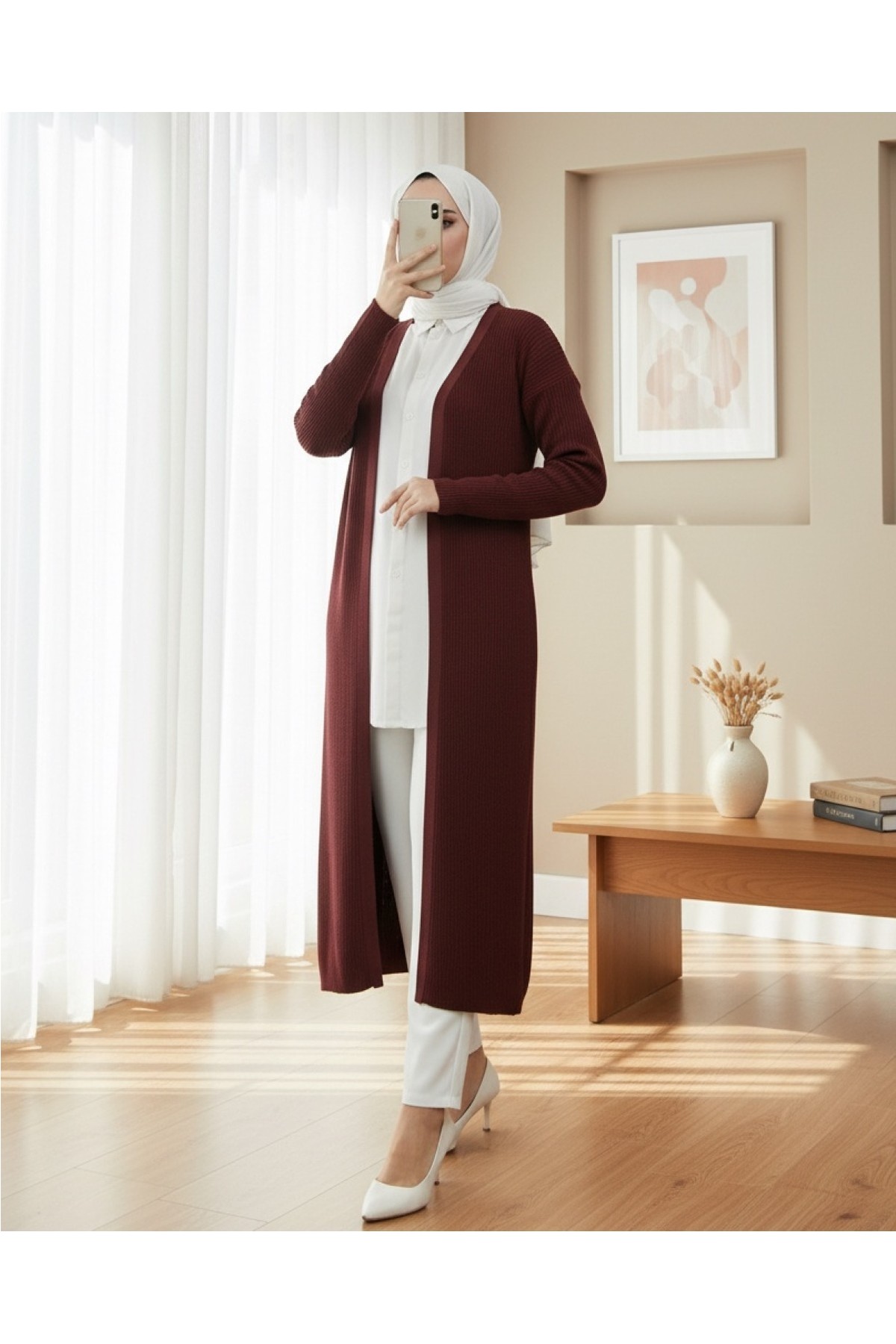 Moda Morfo Yanları Yırtmaçlı Fitilli Uzun Triko Hırka -Siyah görsel 7