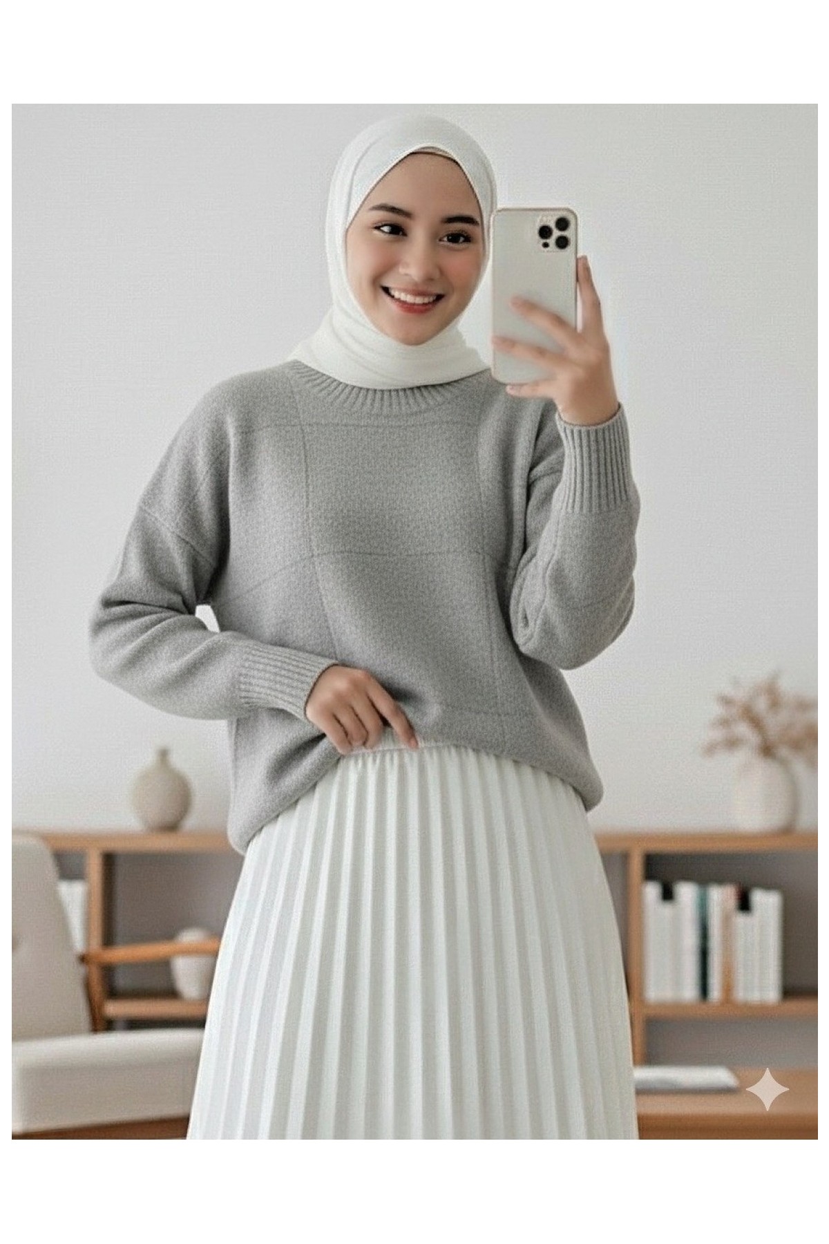 Moda Morfo Kare Desenli Yuvarlak Yaka Yumoş Kazak -Füme görsel 4