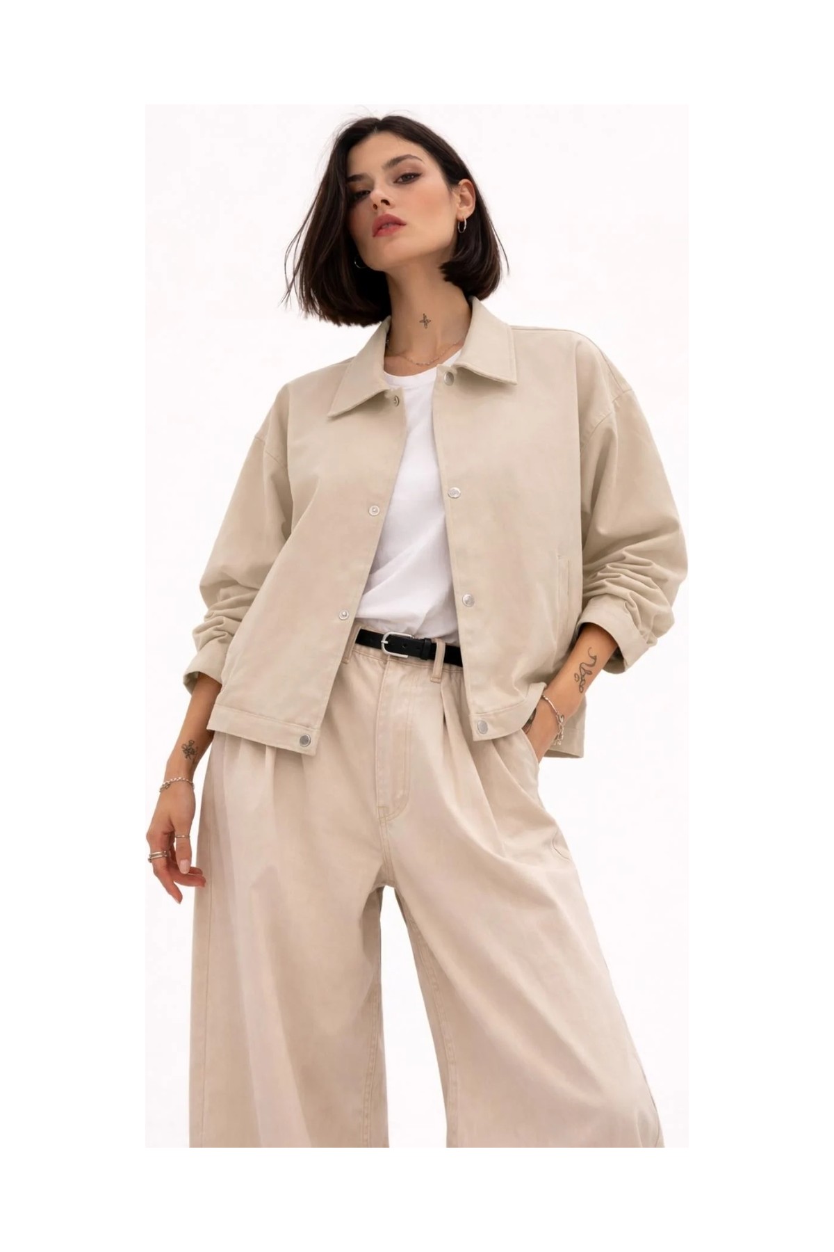 Freemen Kadın Oversize Basic Gabardin Mevsimlik Polo Yaka Ceket