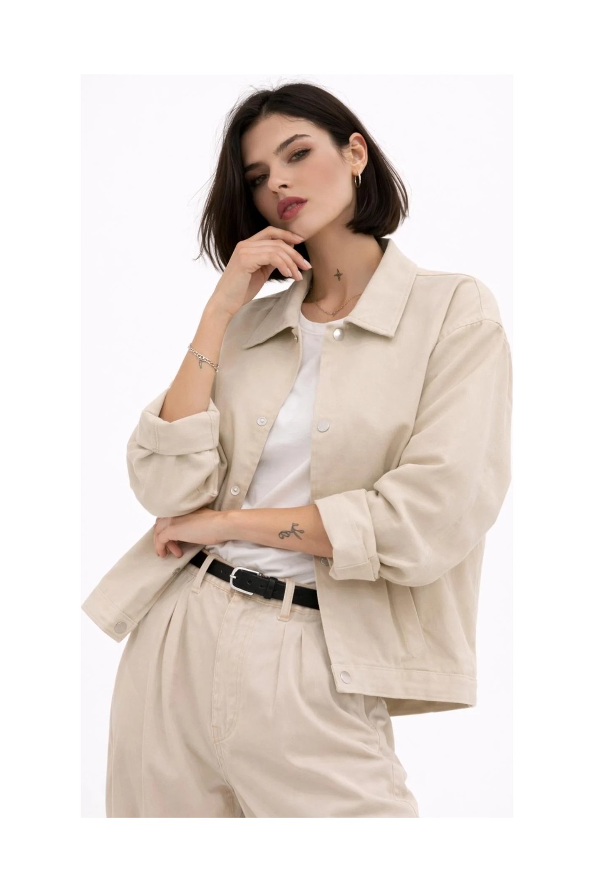 Freemen Kadın Oversize Basic Gabardin Mevsimlik Polo Yaka Ceket görsel 4