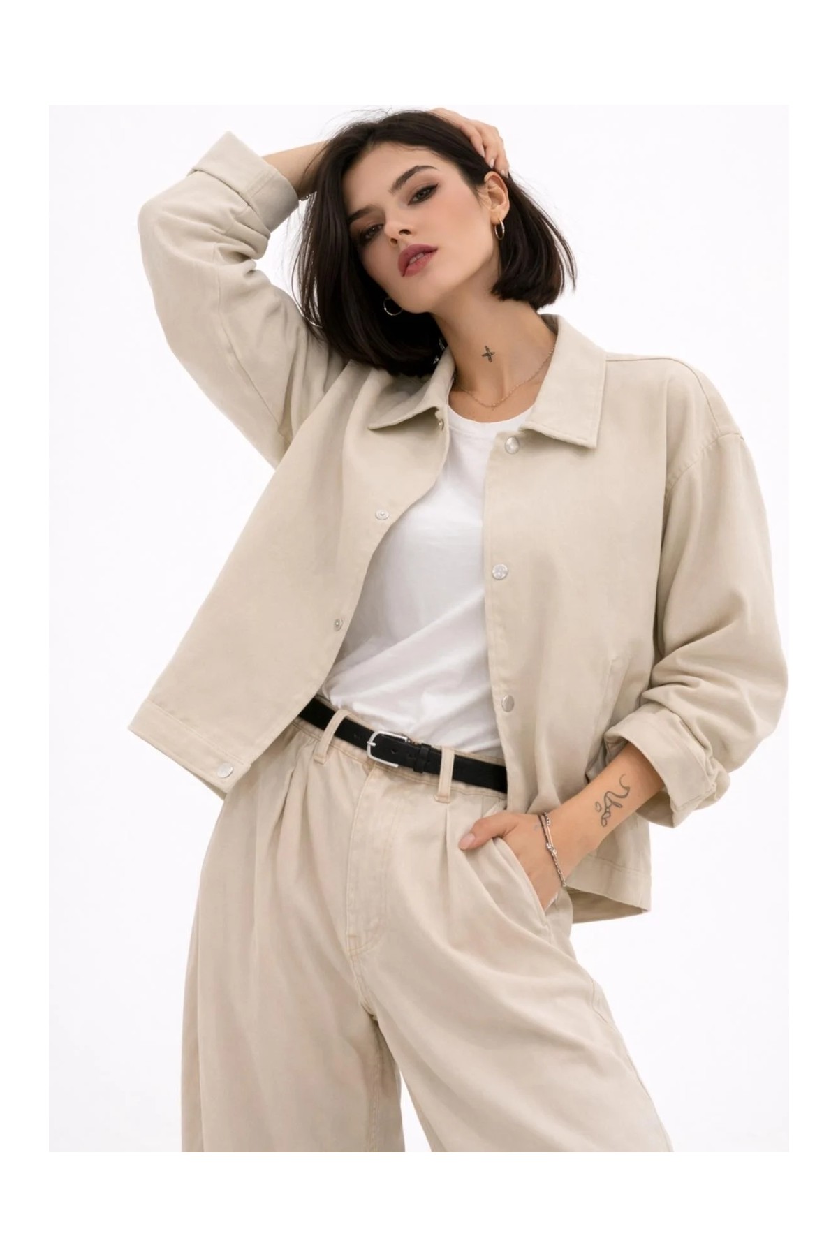 Freemen Kadın Oversize Basic Gabardin Mevsimlik Polo Yaka Ceket görsel 5