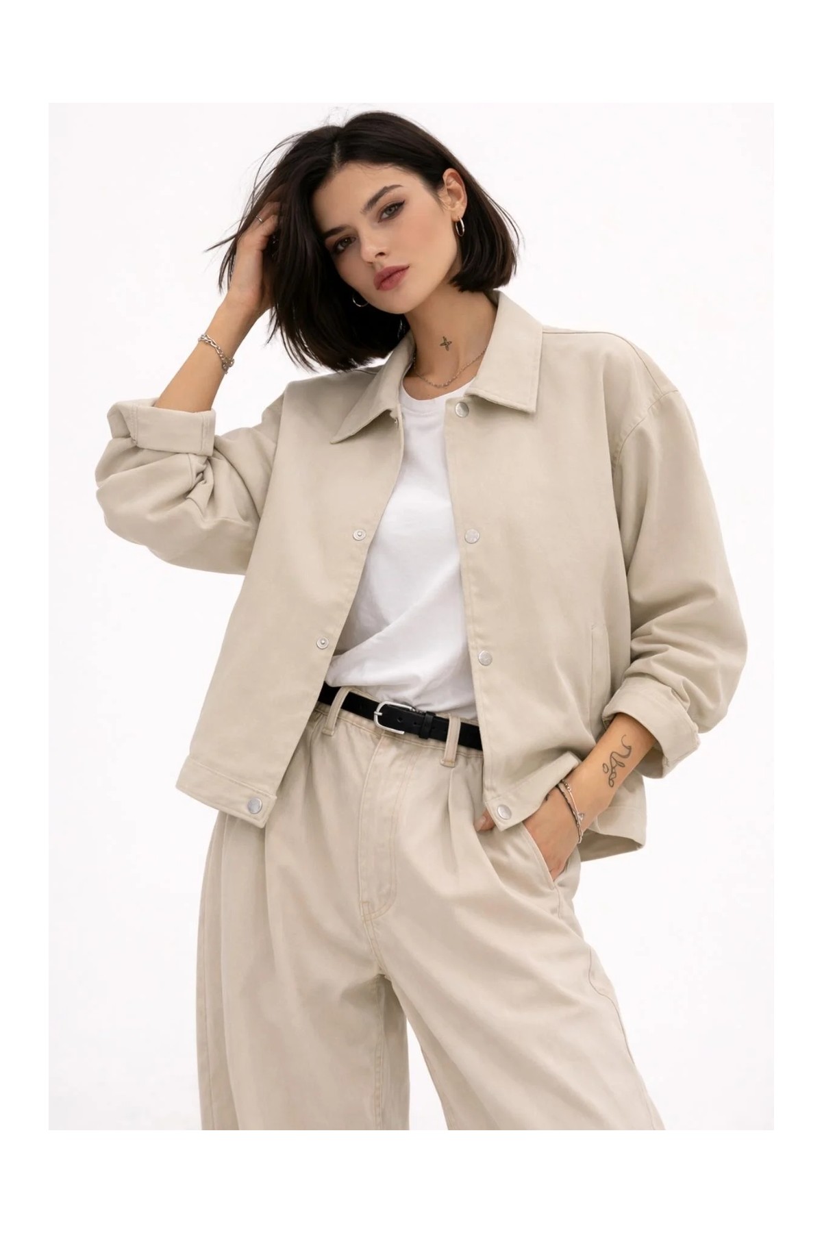 Freemen Kadın Oversize Basic Gabardin Mevsimlik Polo Yaka Ceket görsel 6