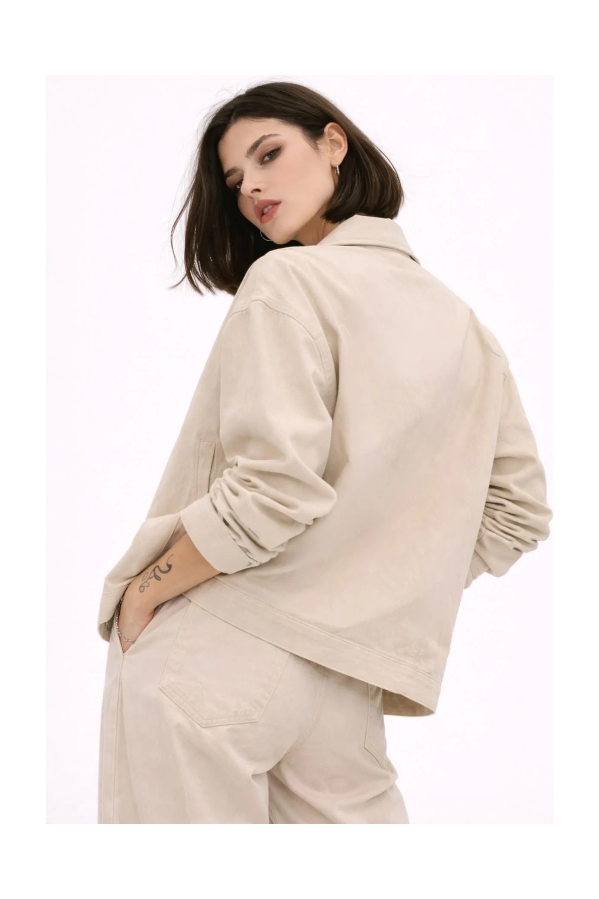Freemen Kadın Oversize Basic Gabardin Mevsimlik Polo Yaka Ceket görsel 8