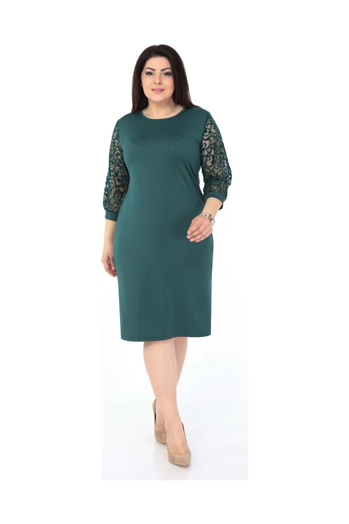 Modayız Yeşil Floklu Büyük Beden Elbise Bodycon Klasik Stil Truvakar Kol görsel 4