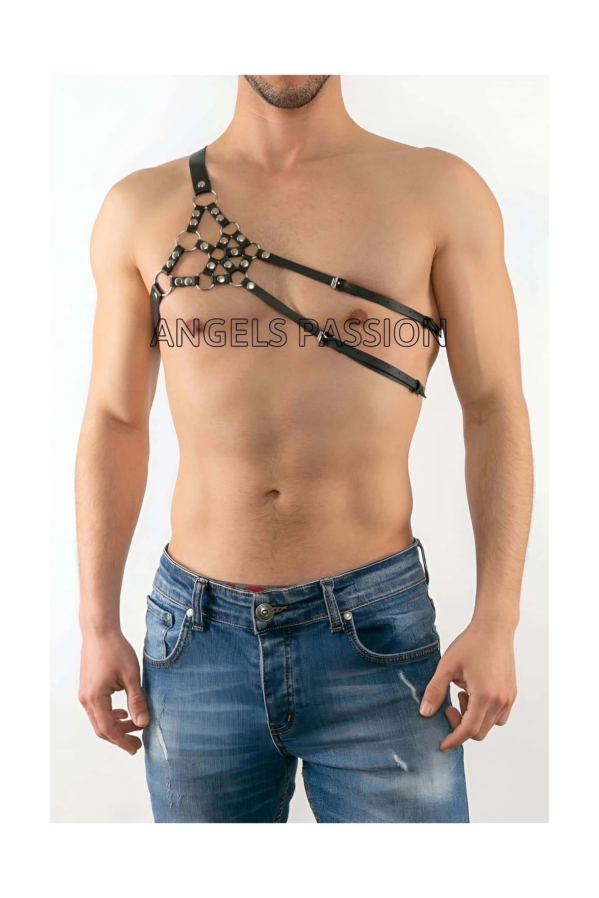 Çamaşır Kenti Erkek Tek Omuz Deri Harness - Erkek Fantazi Iç Giyim - Erkek Deri Erotik Iç Giyim - BRFM14 görsel 2