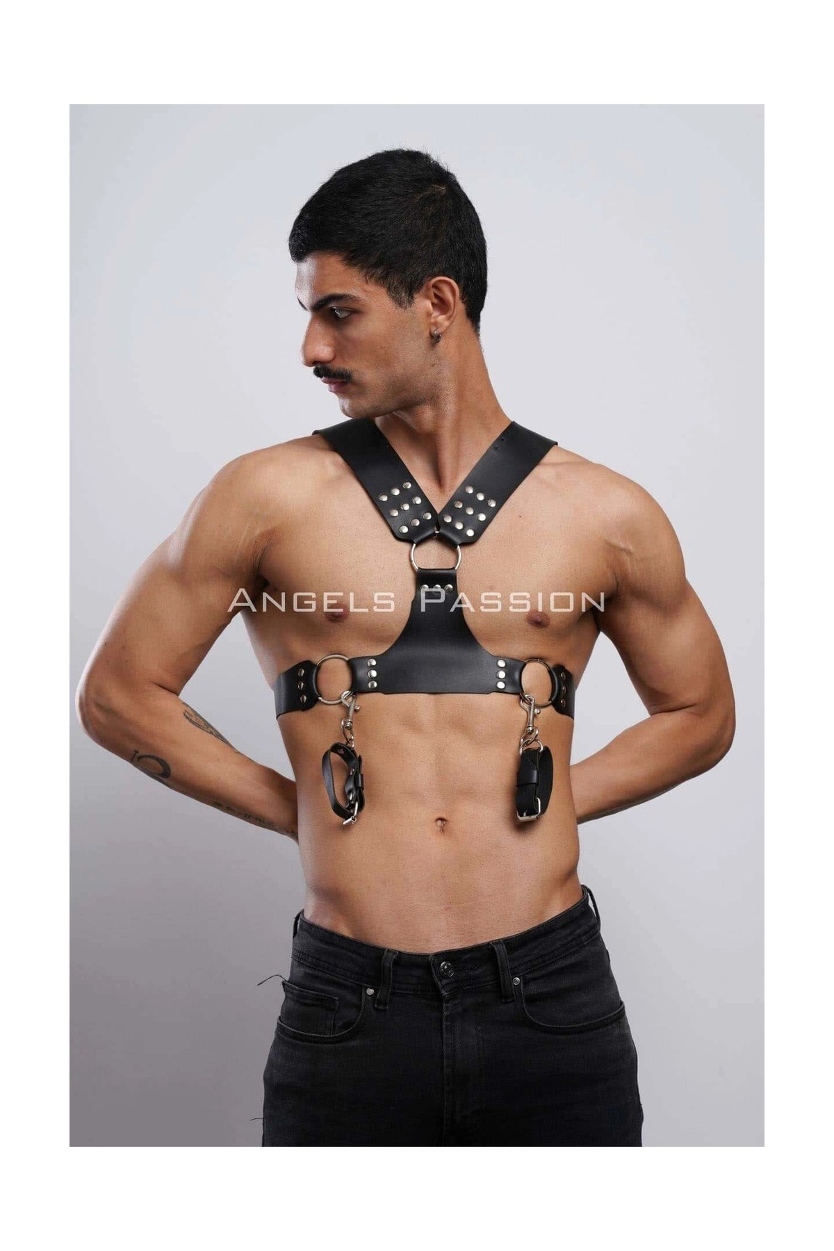 Çamaşır Kenti Kelepçeli Erkek Göğüs Harness, Deri Erkek Fantezi Harness, Kelepçeli Erkek Harness - BRFM121 görsel 7