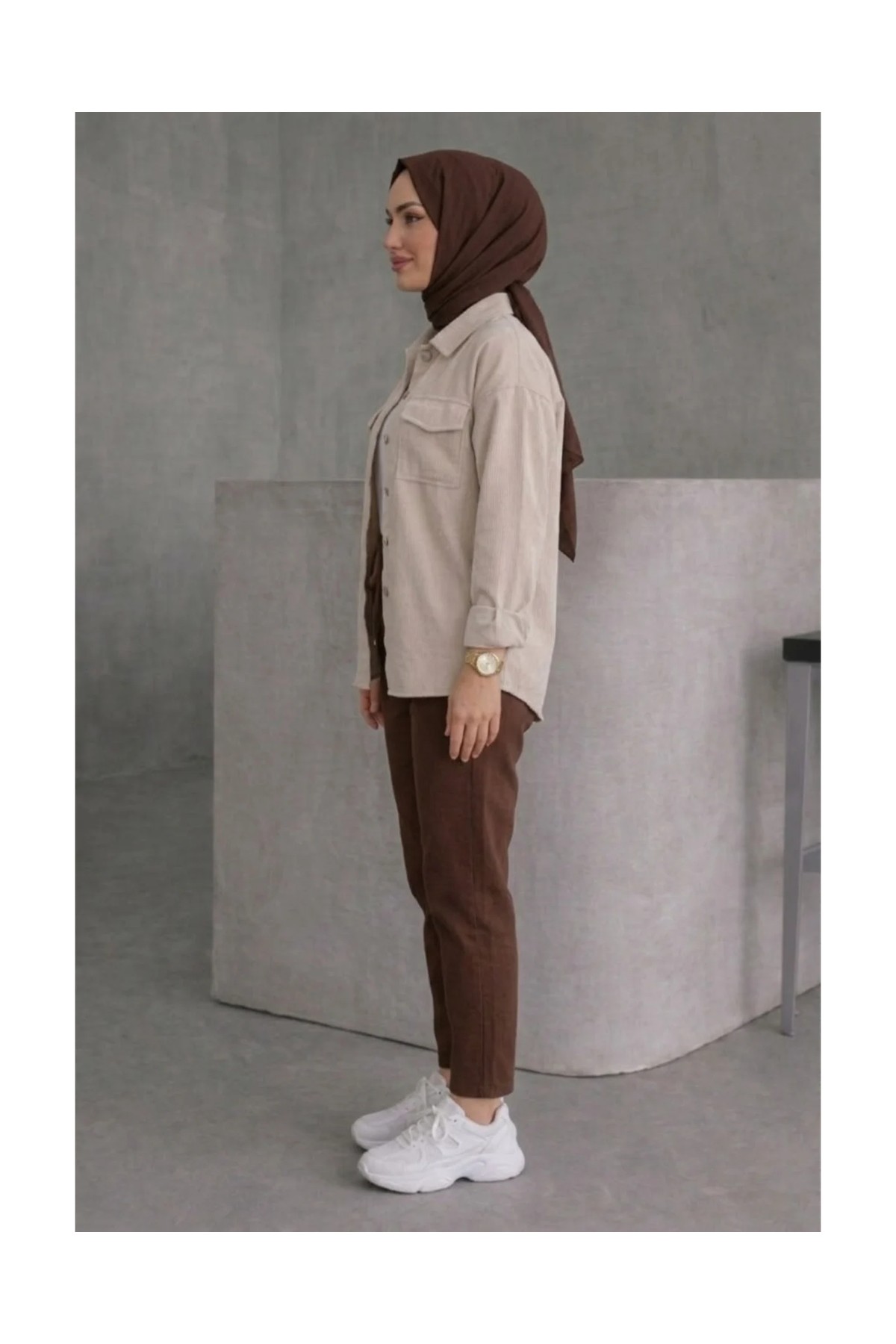 Tesettür Diyarı Kadın Ekstra Baggy Kargo Cepli Keten Pantolon- Bej görsel 2