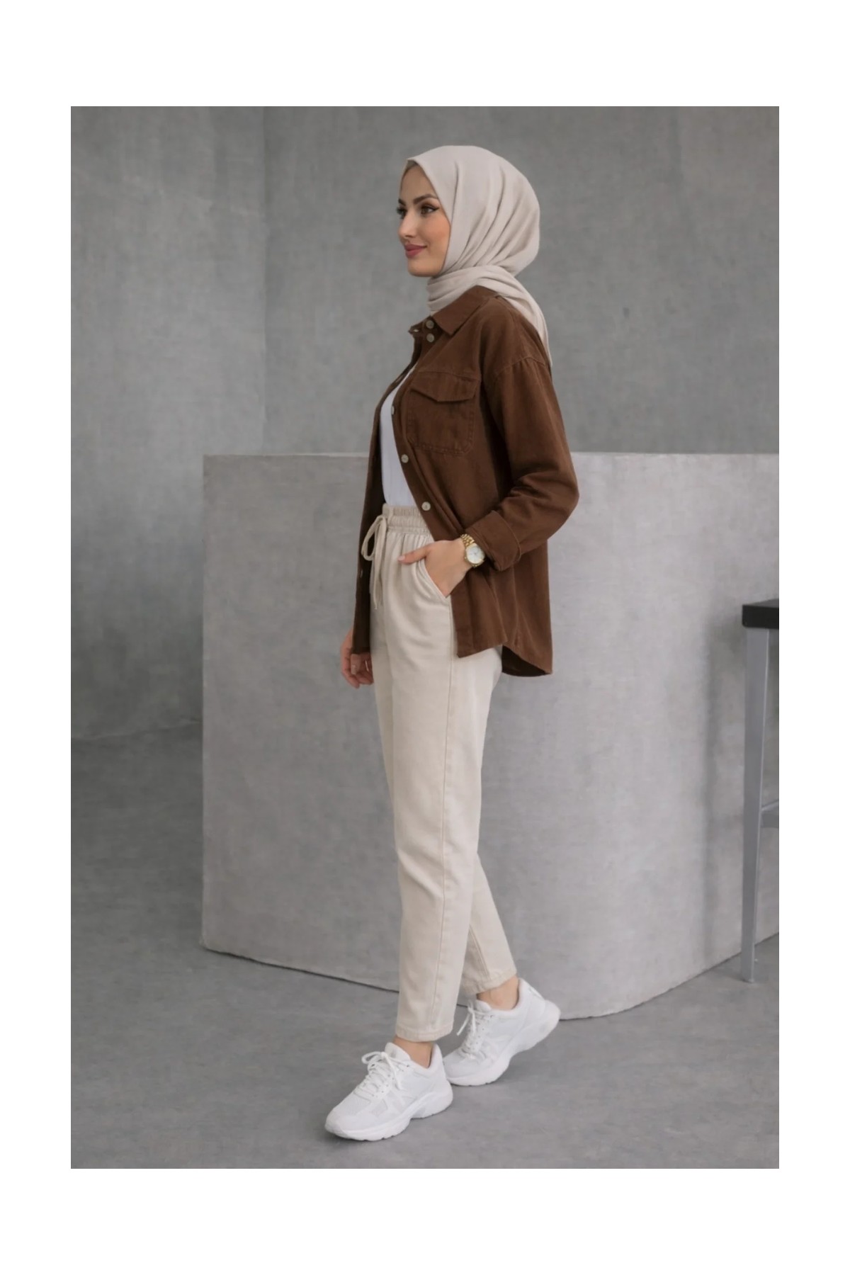 Tesettür Diyarı Kadın Ekstra Baggy Kargo Cepli Keten Pantolon- Bej görsel 8
