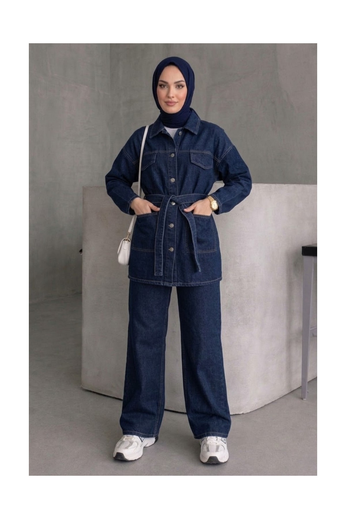 Tesettür Diyarı Kadın Kuşaklı Denim Tesettür Takım- Yeşil görsel 2