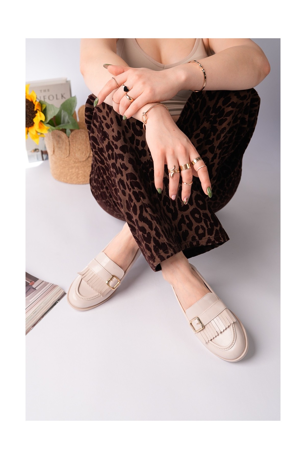 Muggo Tassel Gold Tokalı Püsküllü Kadın Günlük Loafer Ayakkabı görsel 6