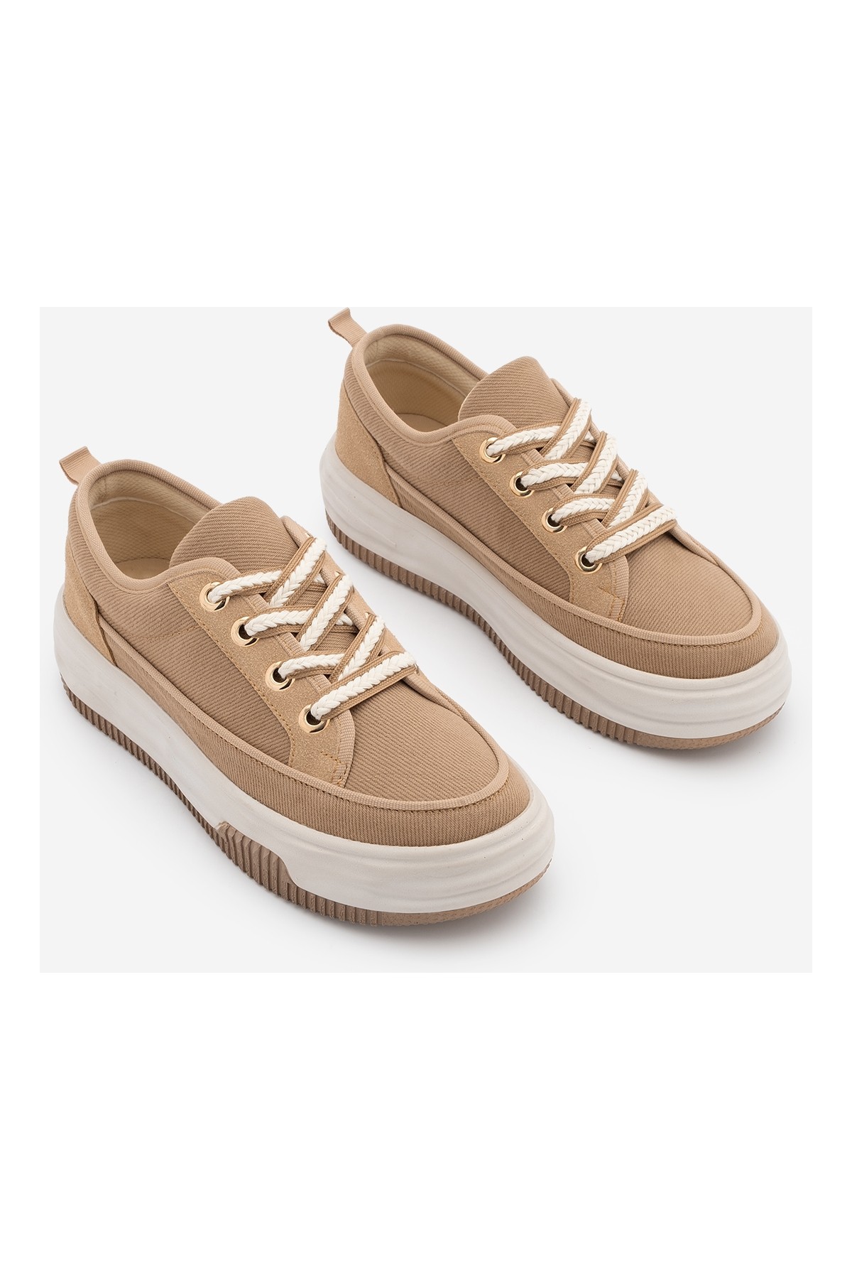 Marjin Kadın Yüksek Kalın Taban Sneaker Bağcıklı Spor Ayakkabı Hesna Kahve Keten