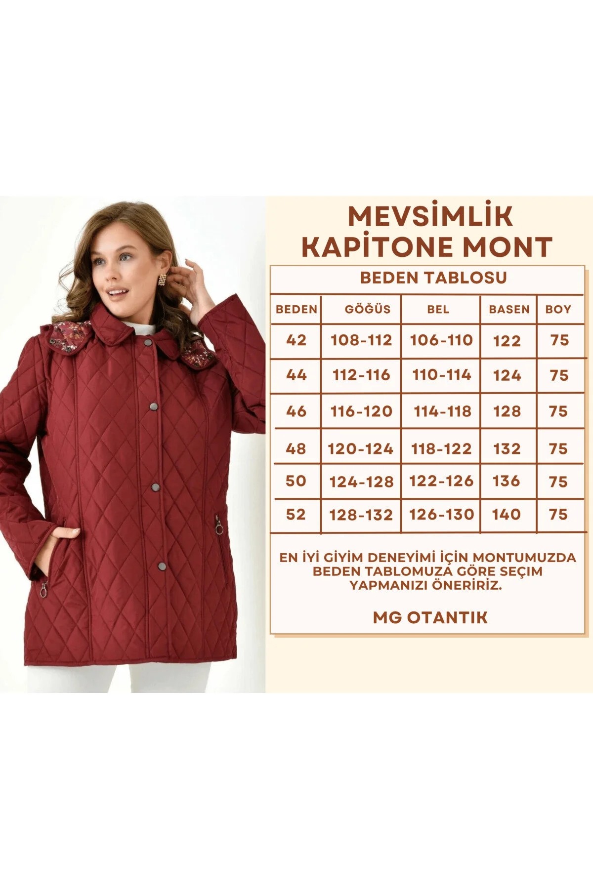 Mg Otantik Kapitone Kadın Büyük Beden Kaban Mont Kapüşonlu Içi Desenli Fermuarlı Çıtçıtlı görsel 2