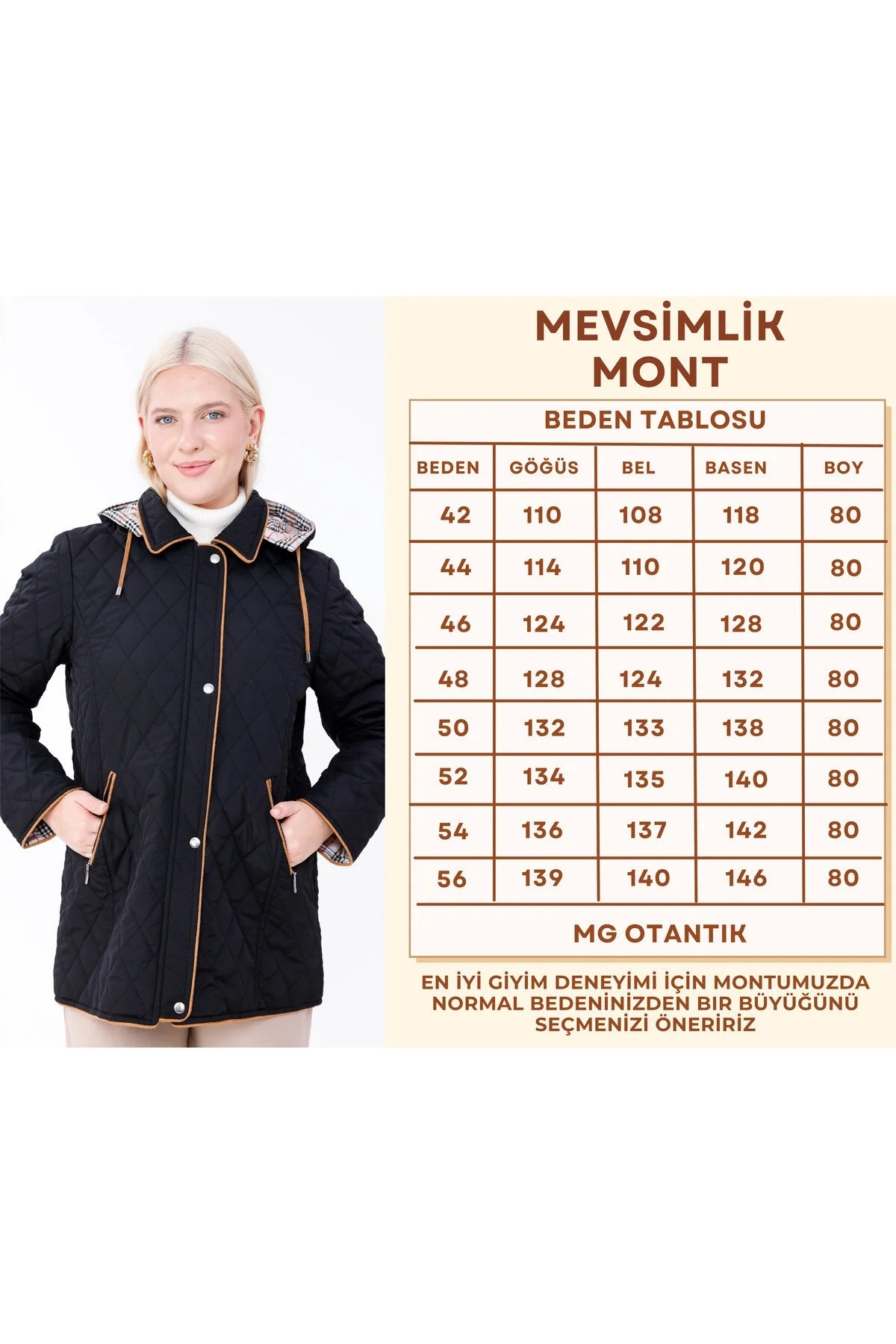 Mg Otantik Kapüşonlu Mevsimlik Mont - Büyük Beden Pamuk Ekoseli Kapitone Kaban görsel 2