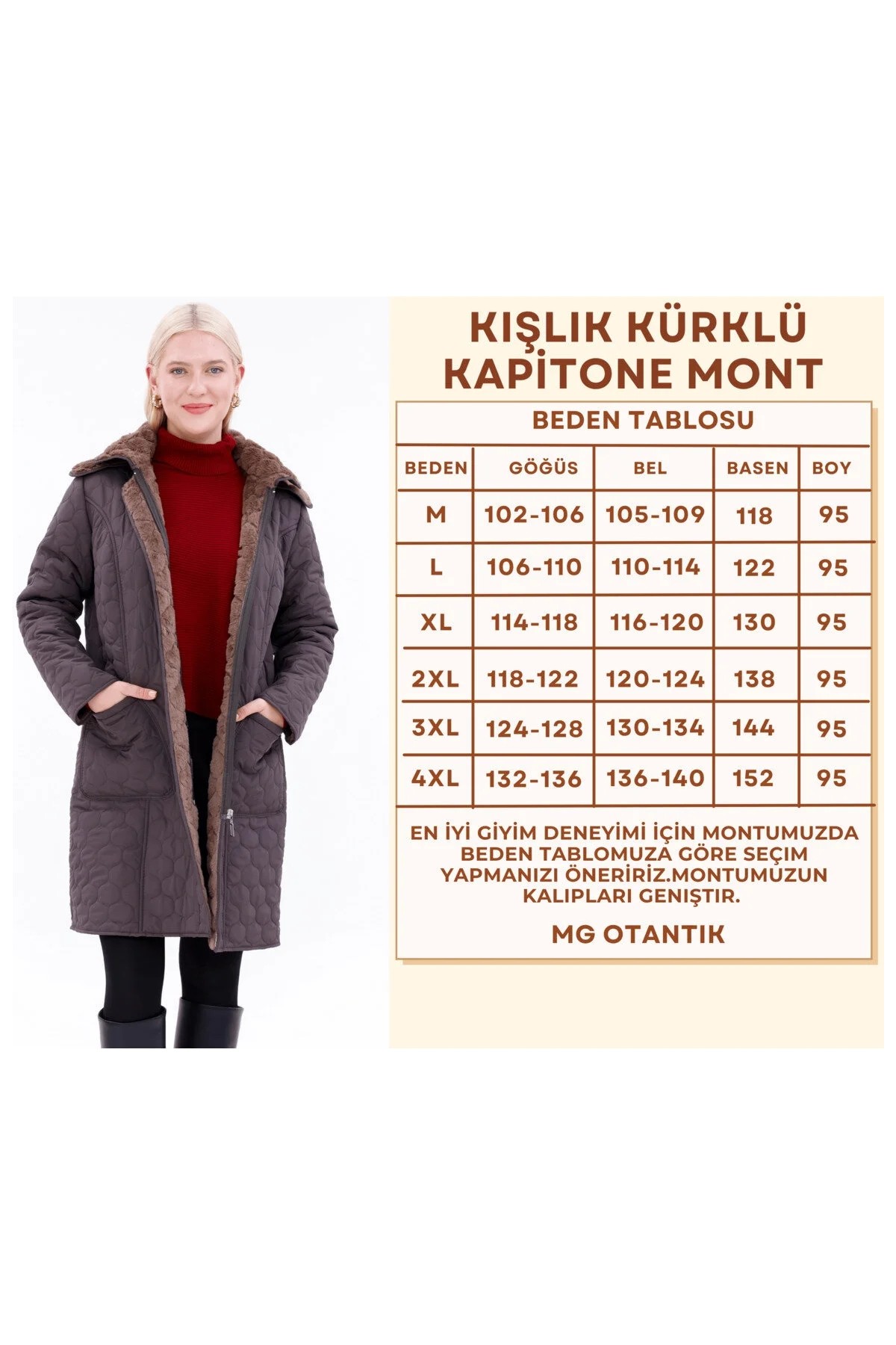 Mg Otantik Kadın Kürklü Kapitone Mont - Su Itici Büyük Beden Kışlık Kaban - MG001 görsel 2