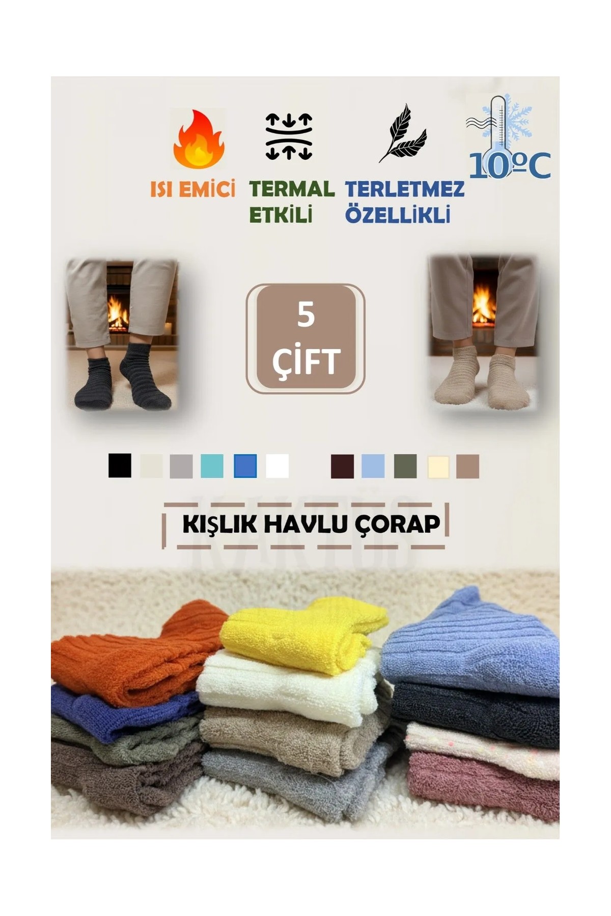 Yasyas Termal Özellikli Çok Renkli Soket Çorap 5 Çift Pamuk / Elastan Malzeme ile Isı Emici